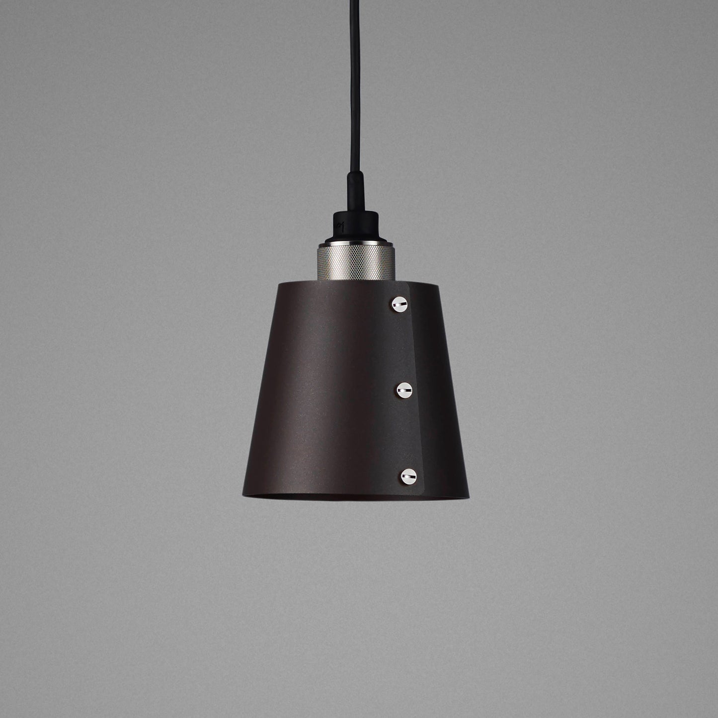 Hooked 1.0 Small Pendant Light / Graphite Steel, detailed close up view of shade and knurling.