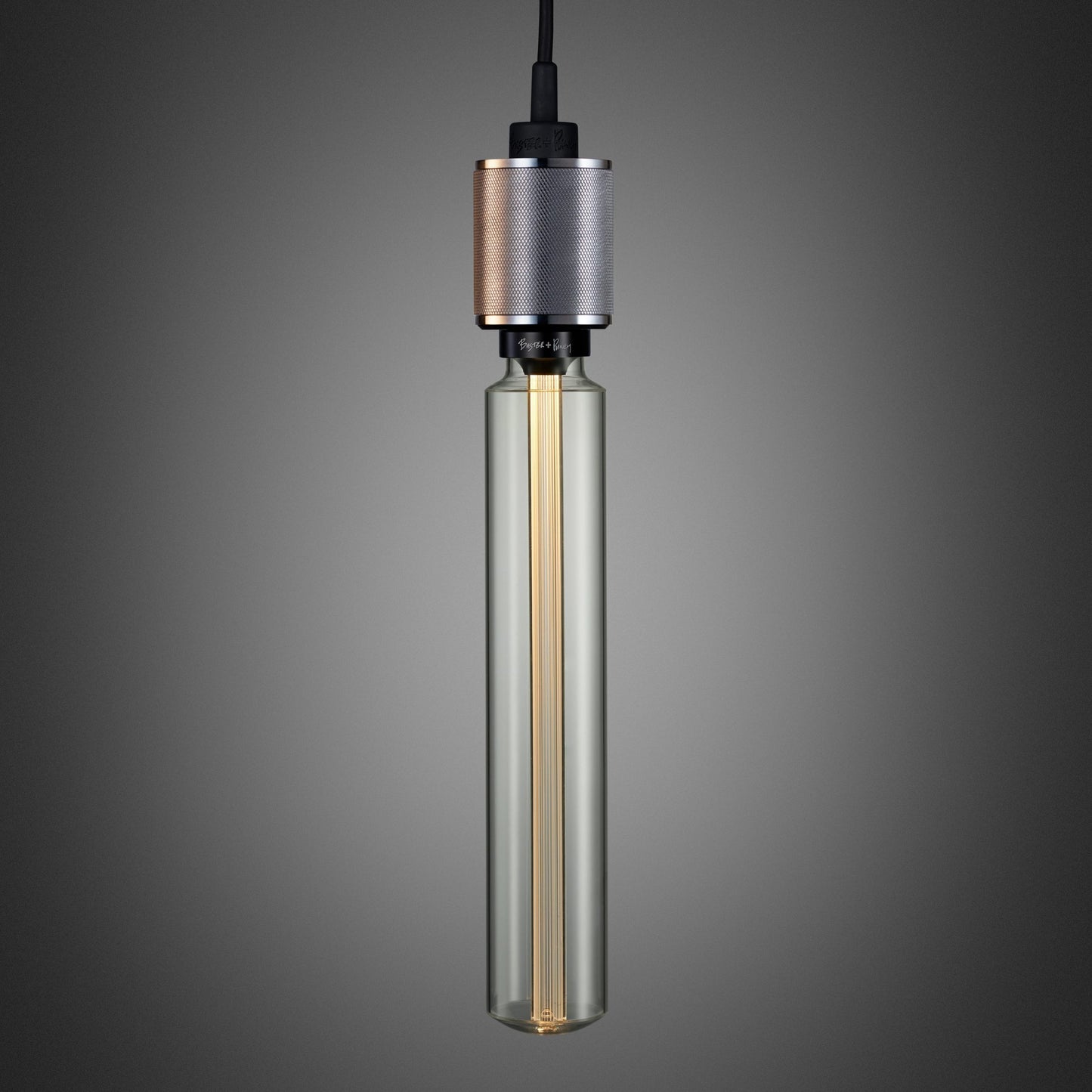 Heavy Metal Pendant light / Cross steel, long bulb front view.