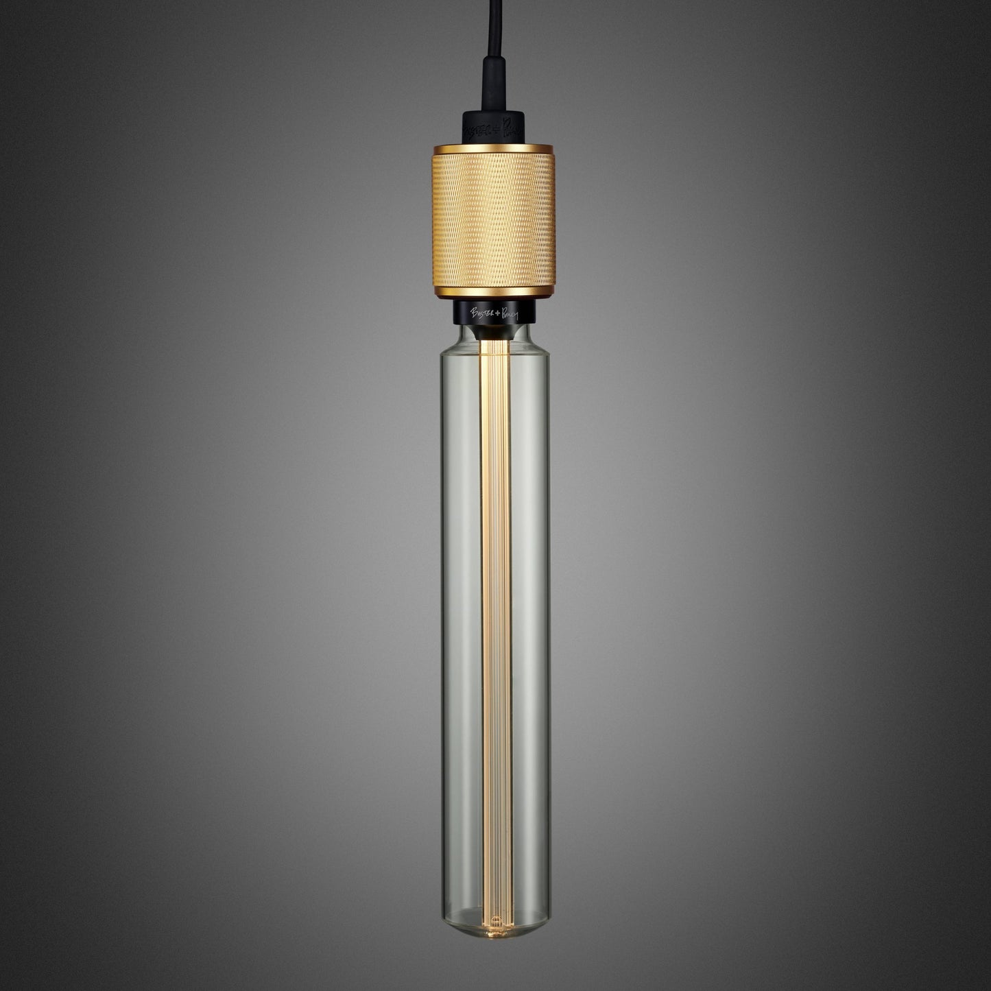 Heavy Metal Pendant light / Cross Brass, long bulb front view.