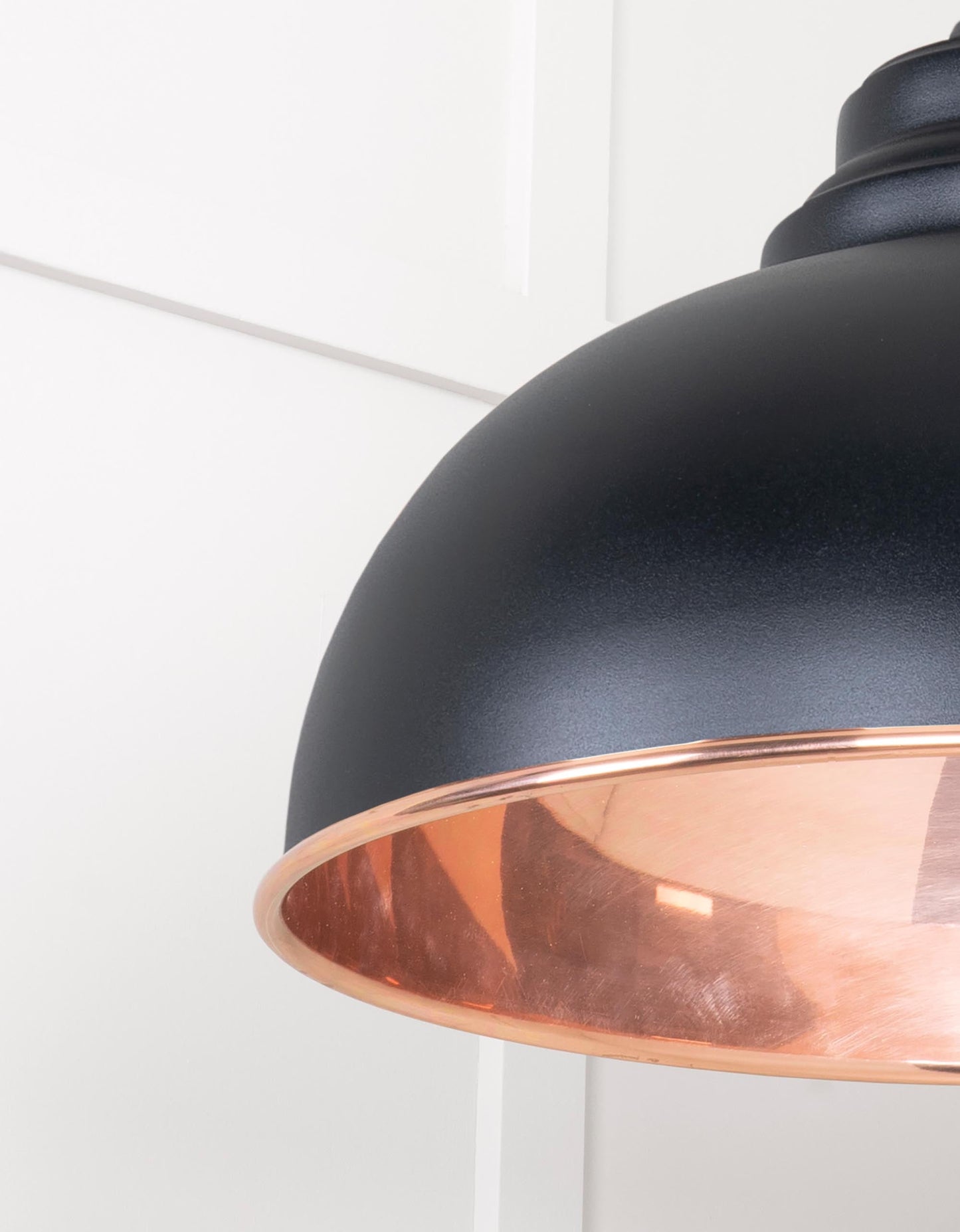 Smooth Copper Harborne Pendant Light Elan Black, Detailed close up view of pendant.