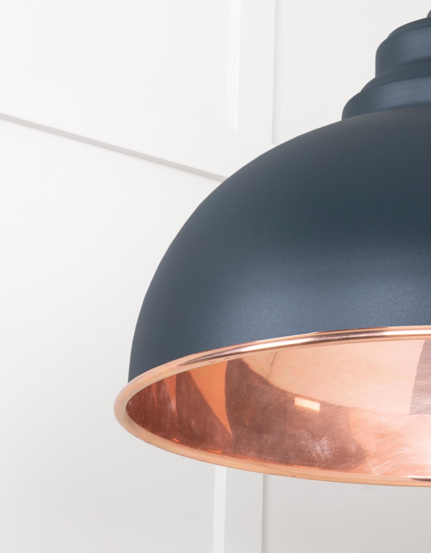 Smooth Copper Harborne Pendant Light Soot, Detailed close up view of pendant.
