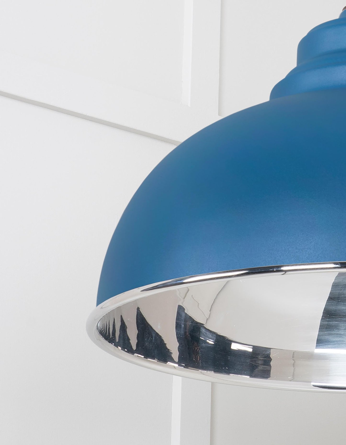 Smooth Nickel Harborne Pendant Light Upstream, Detailed close up view of pendant.
