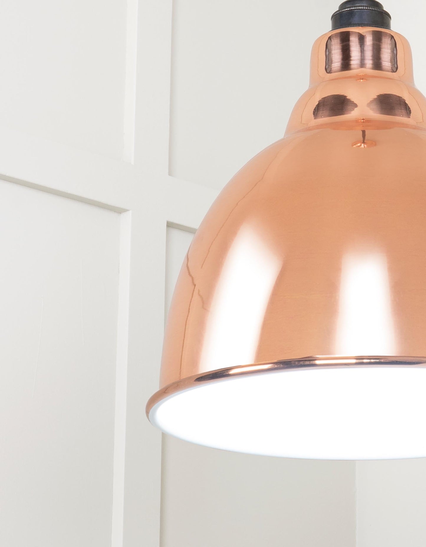 White Gloss Brindley Pendant Light Copper, Detailed close up view of pendant.