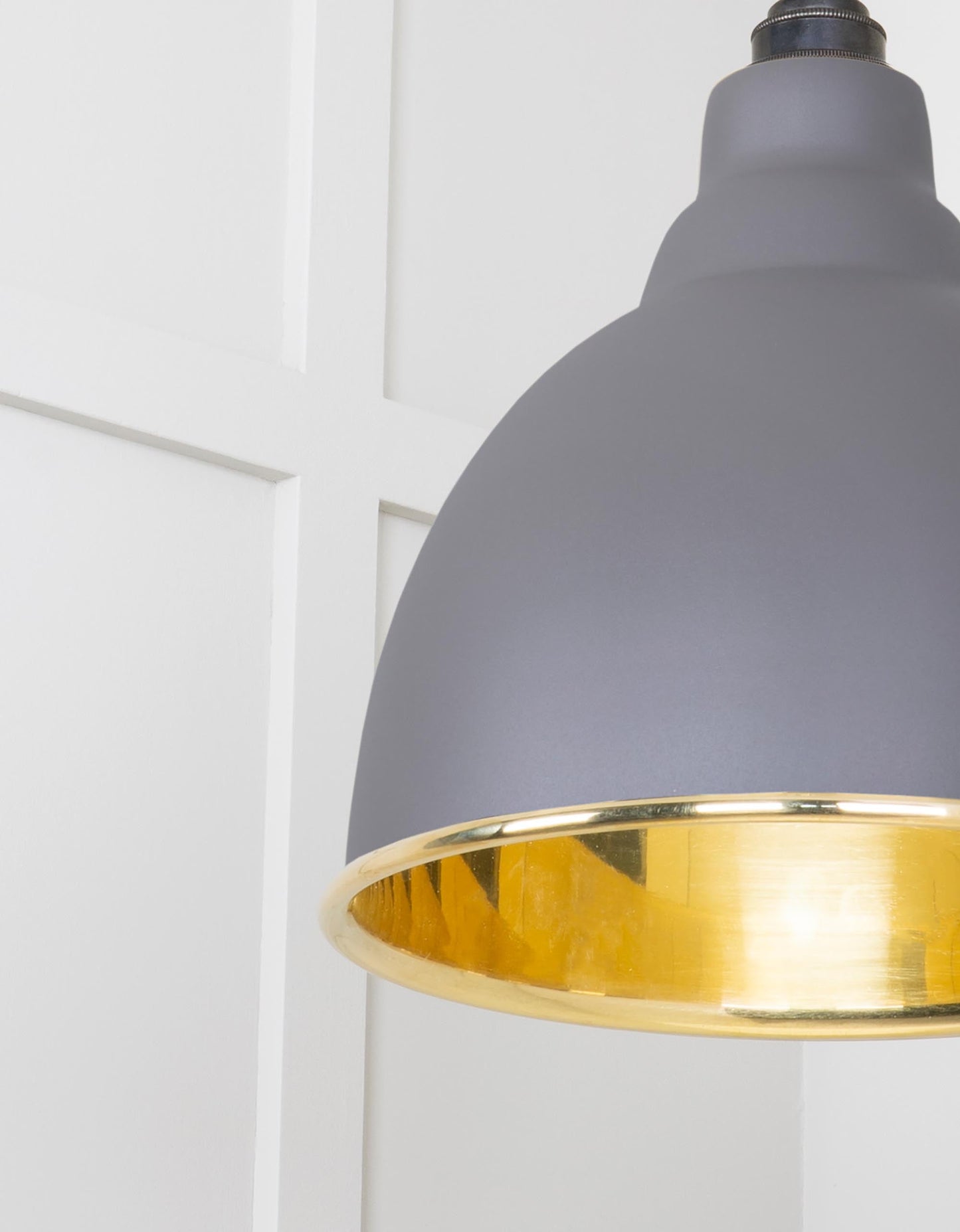 Smooth Brass Brindley Pendant Light Bluff, Detailed close up view of pendant.