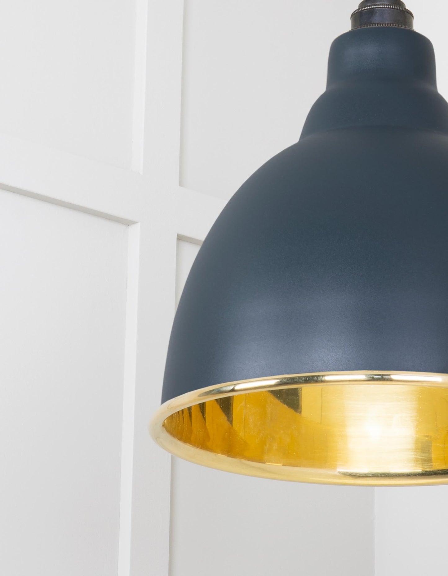 Smooth Brass Brindley Pendant Light Soot, Detailed close up view of pendant.