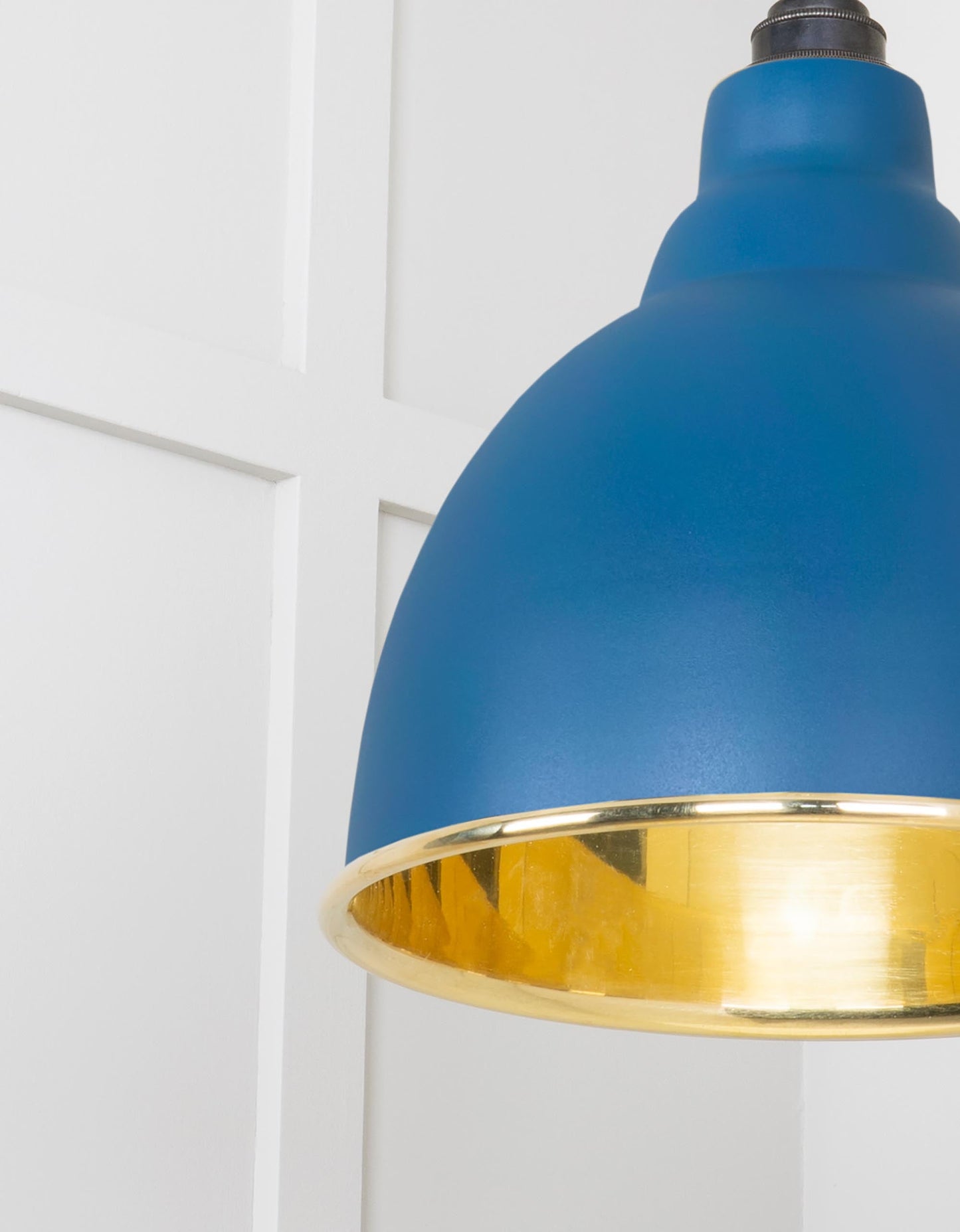 Smooth Brass Brindley Pendant Light Upstream, Detailed close up view of pendant.