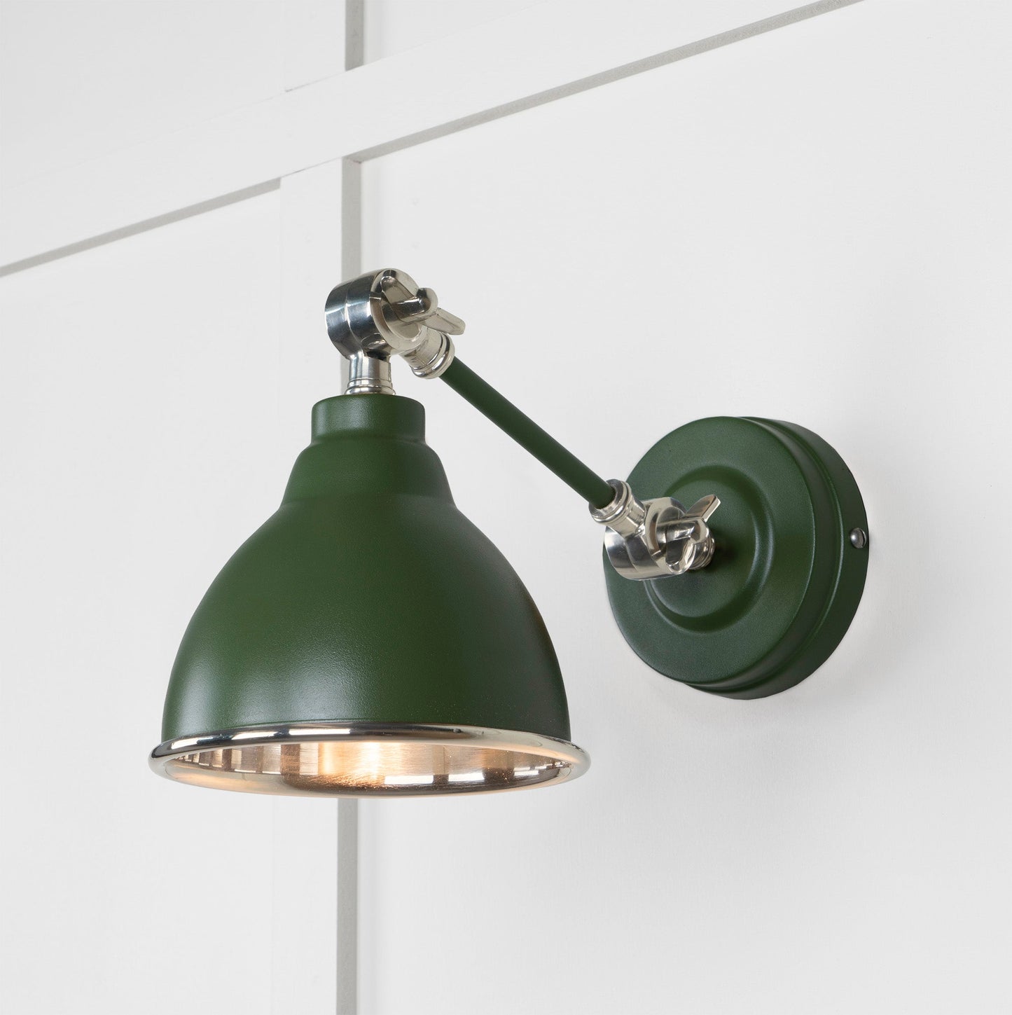 Smooth Nickel Brindley Wall Light Heath, Front Side with light on.