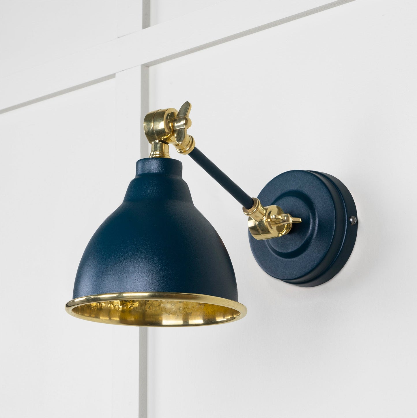 Hammered Brass Brindley Wall Light Dusk, Front Side.