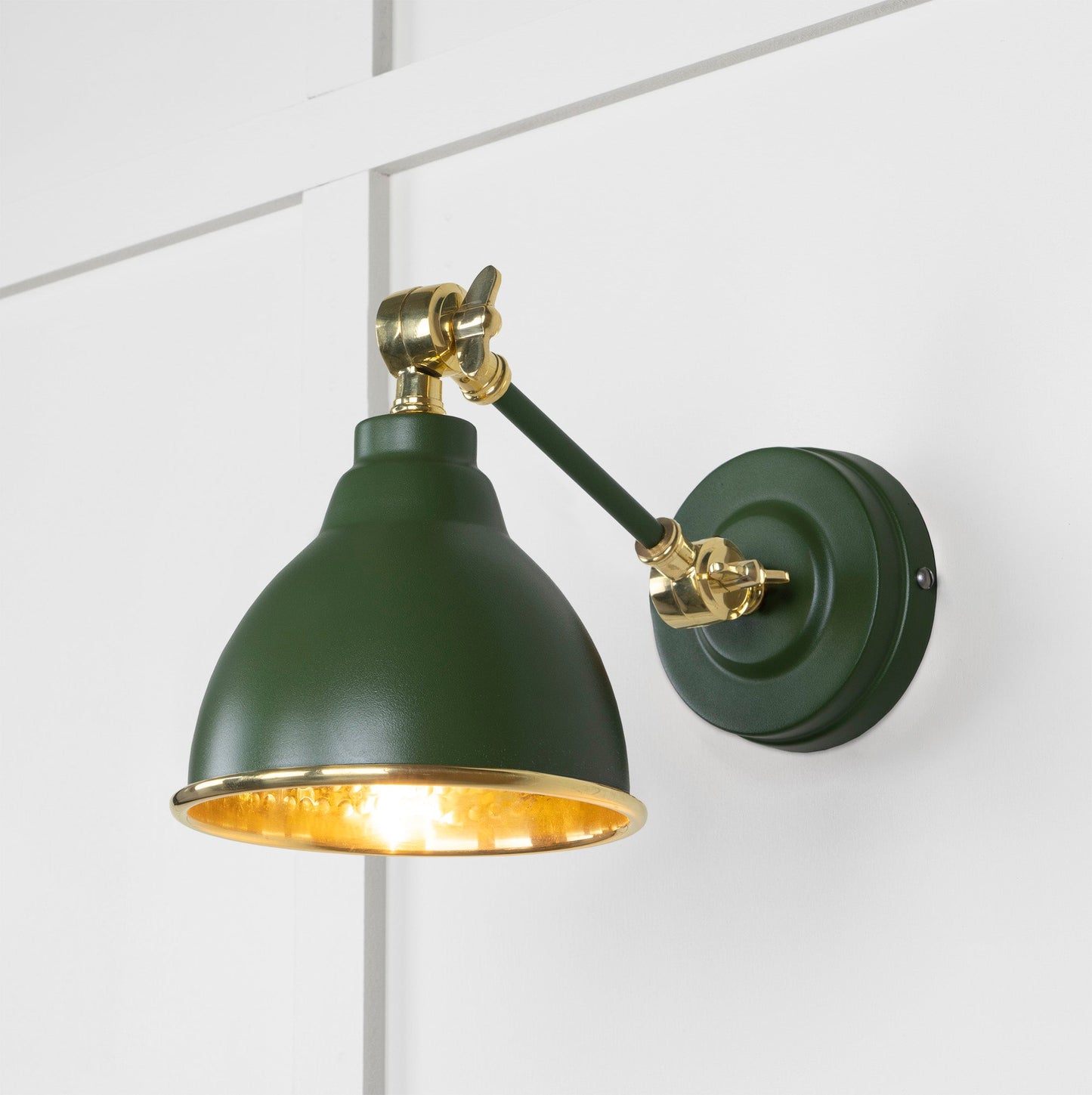 Hammered Brass Brindley Wall Light Heath, Front Side with light on.