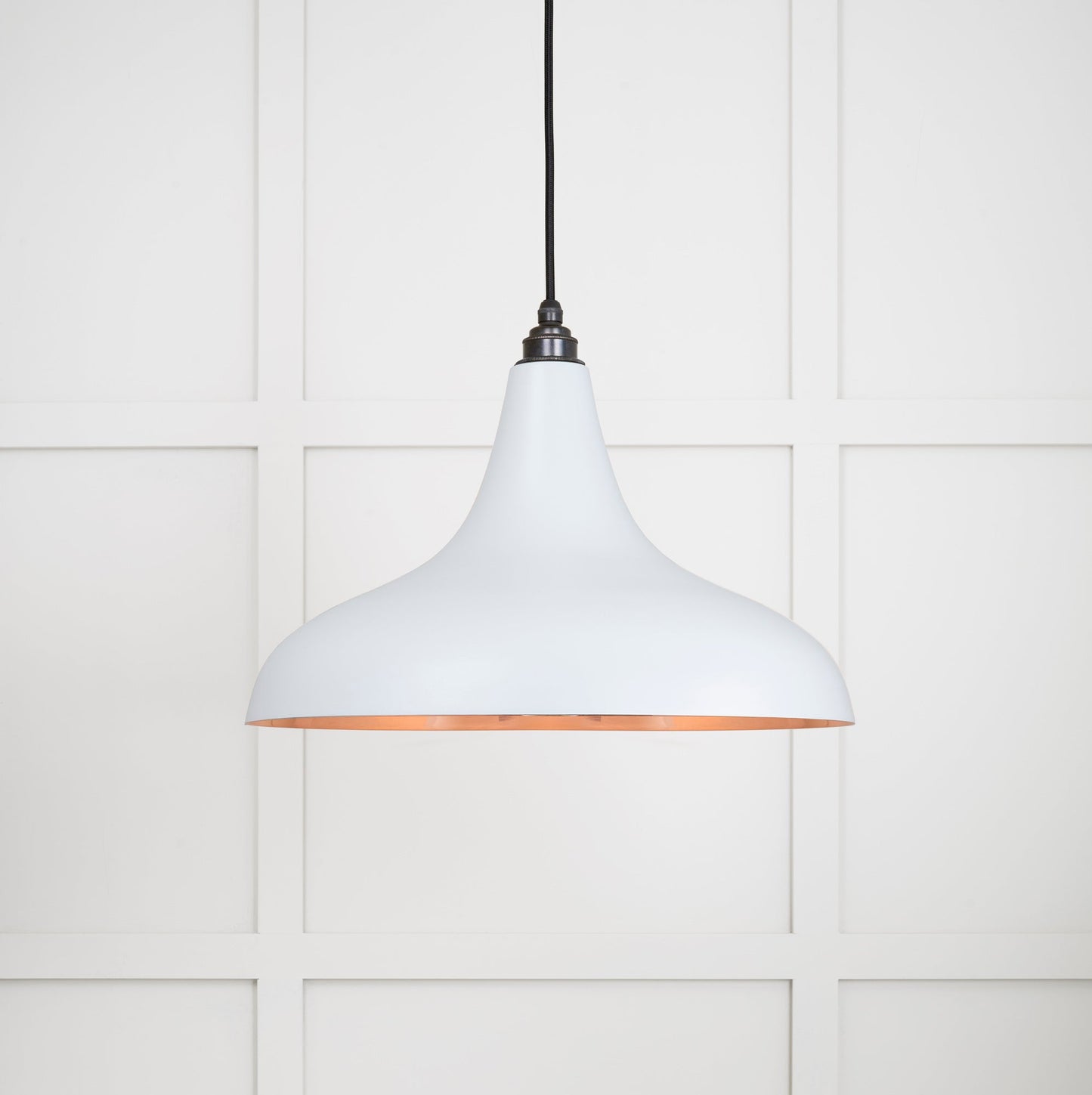 Smooth Copper Frankley Pendant Light Birch, Front Side with light on.