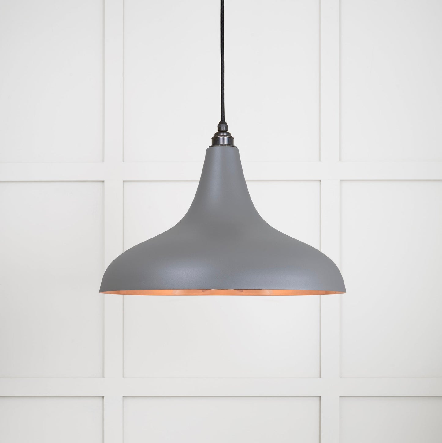 Smooth Copper Frankley Pendant Light Bluff, Front Side with light on.