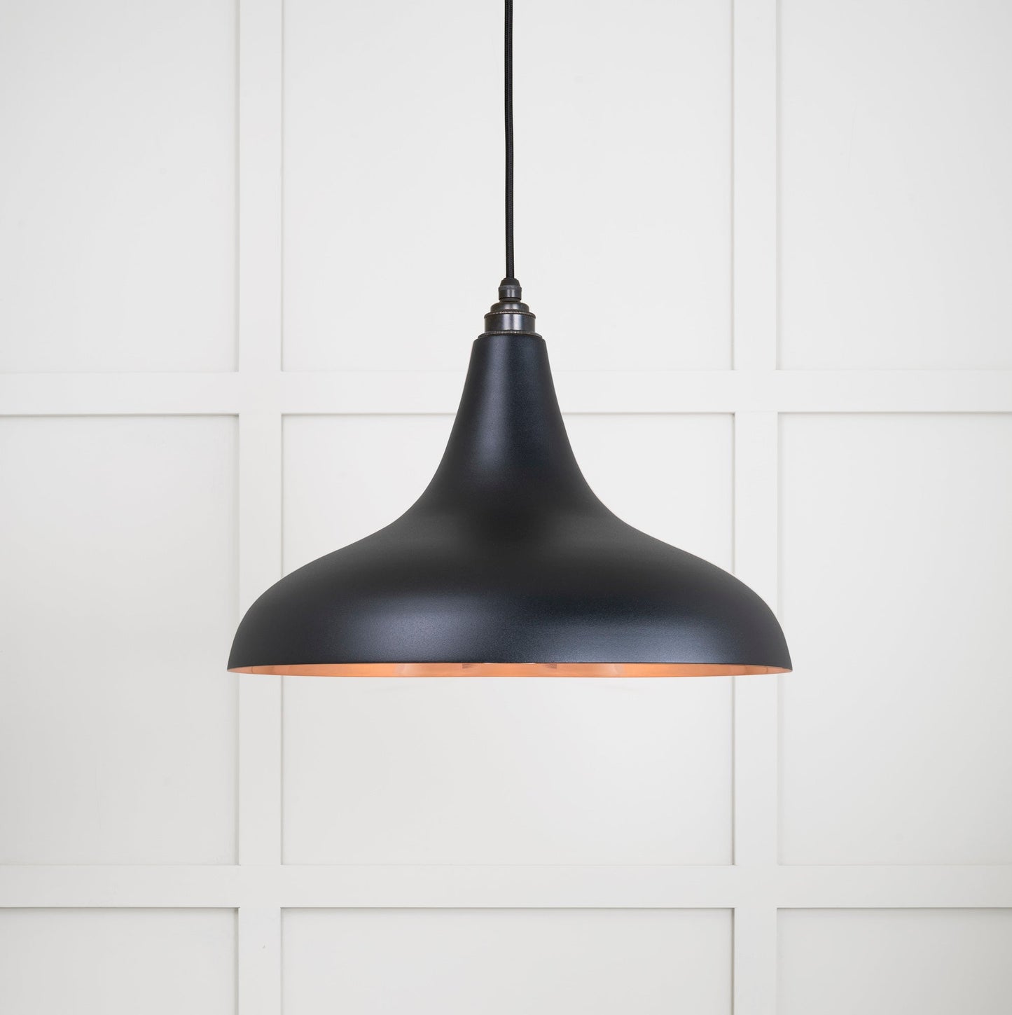 Smooth Copper Frankley Pendant Light Elan Black, Front Side with light on.
