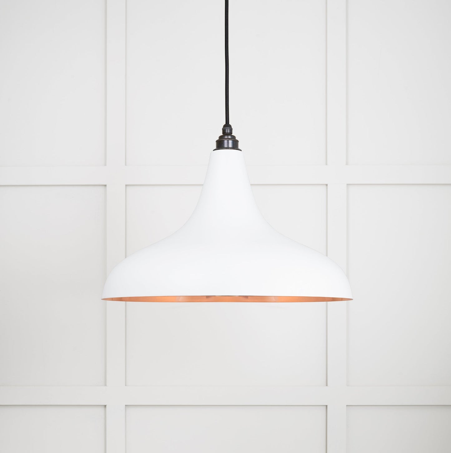Smooth Copper Frankley Pendant Light Flock, Front Side with light on.