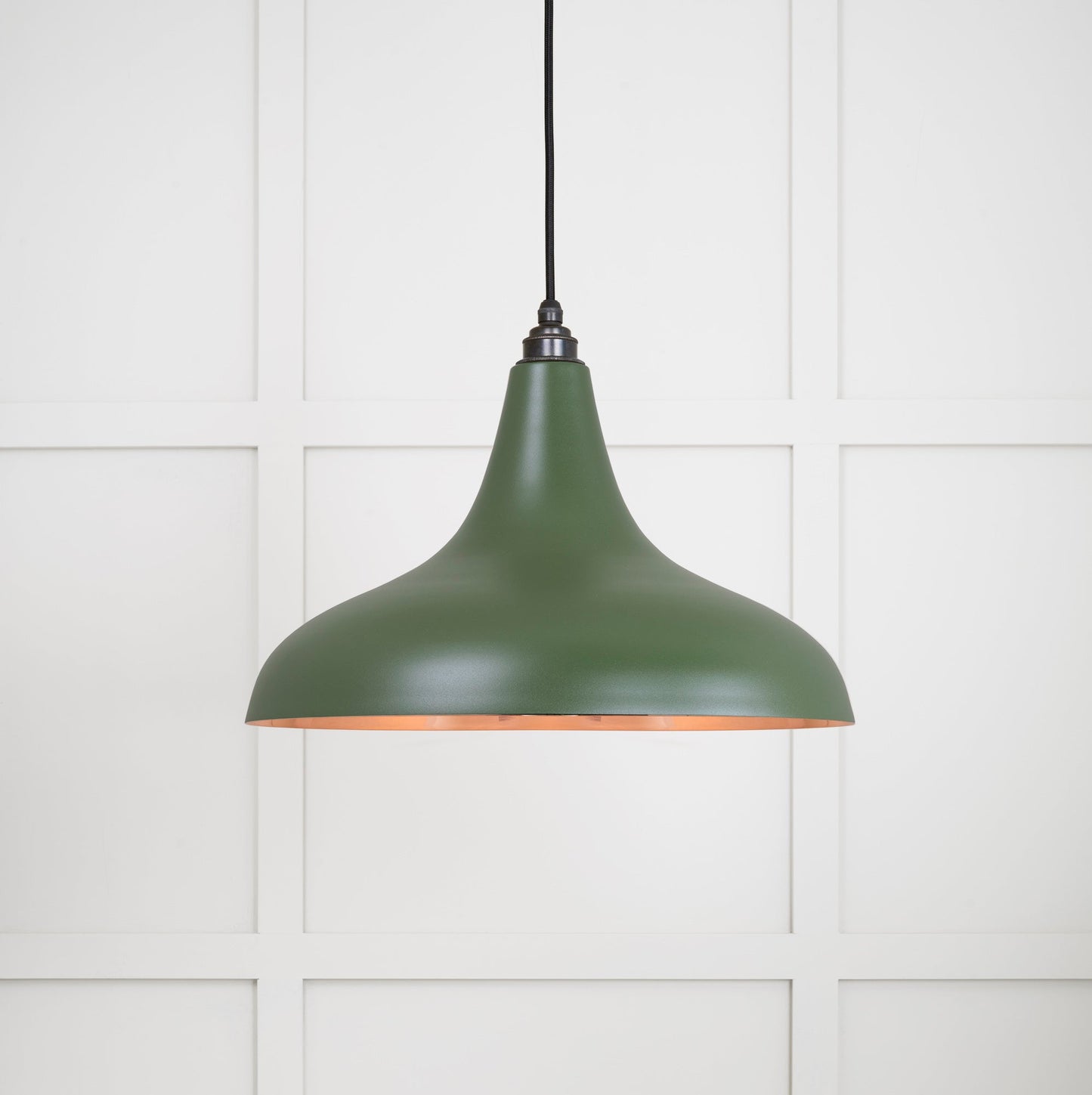 Smooth Copper Frankley Pendant Light Heath, Front Side with light on.