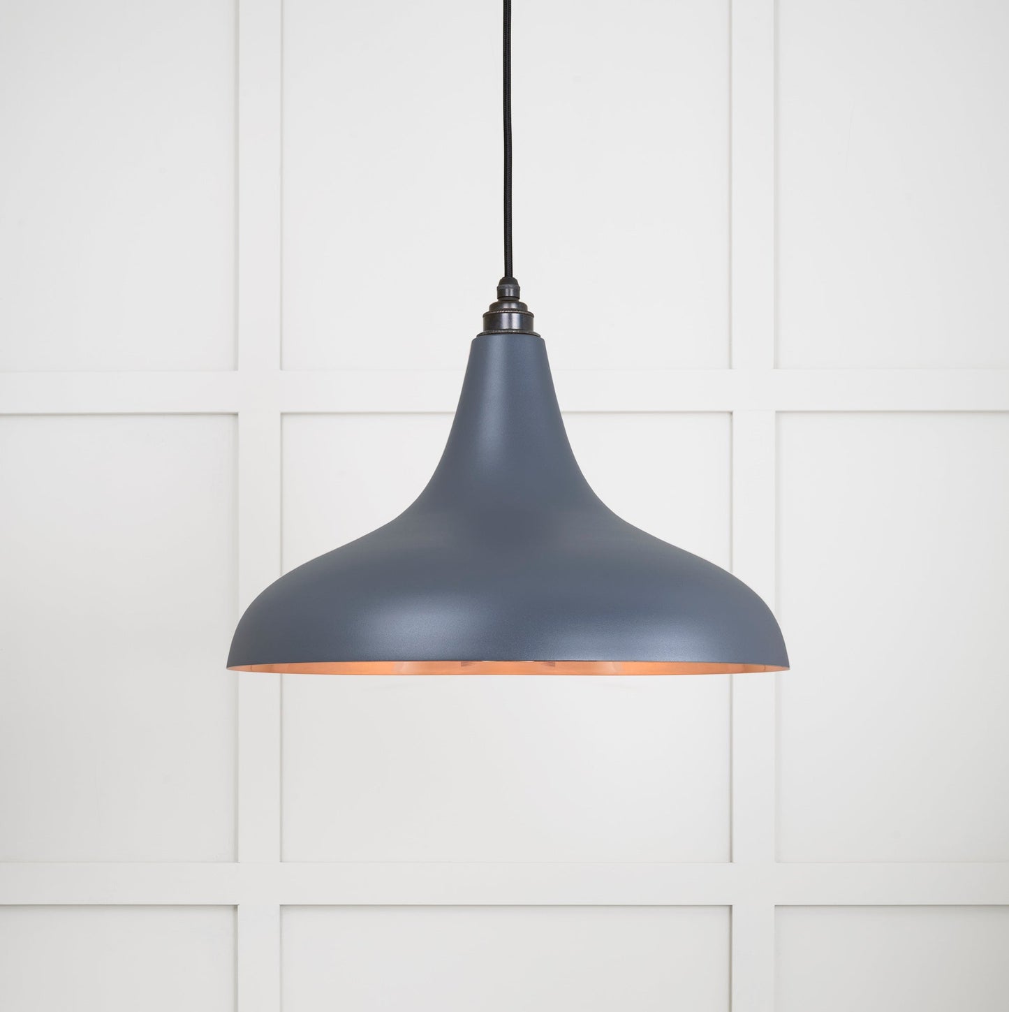 Smooth Copper Frankley Pendant Light Slate, Front Side with light on.