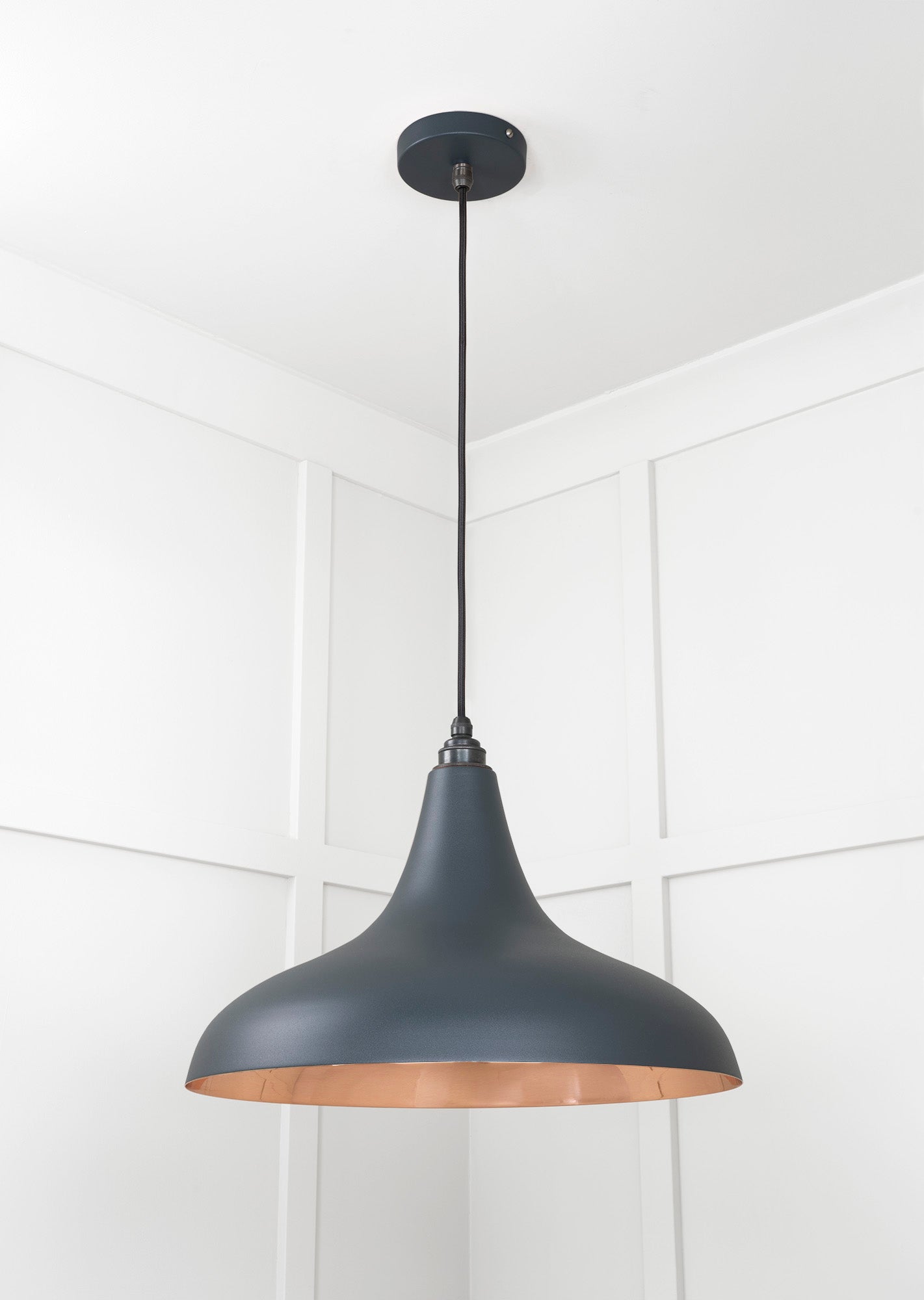Smooth Copper Frankley Pendant Light Soot, Underside.