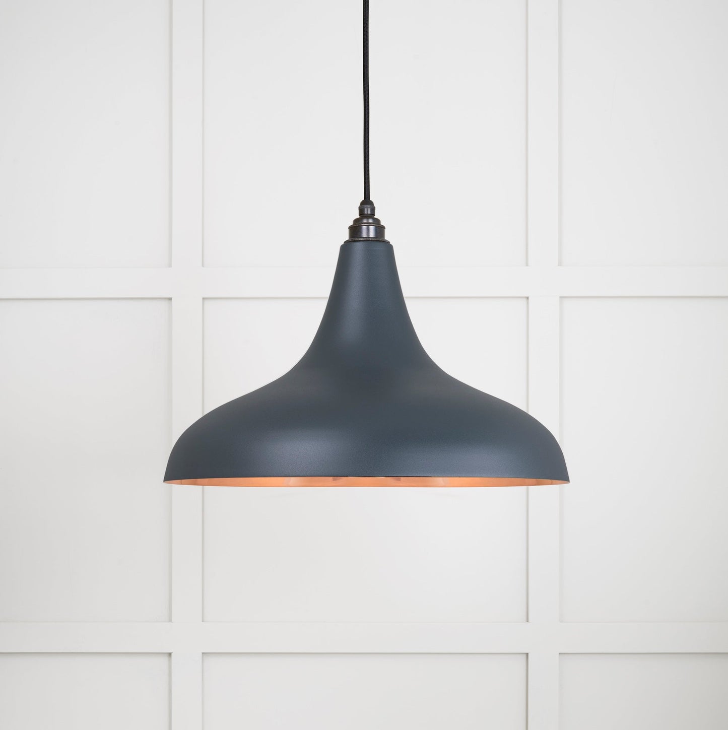 Smooth Copper Frankley Pendant Light Soot, Front Side with light on.