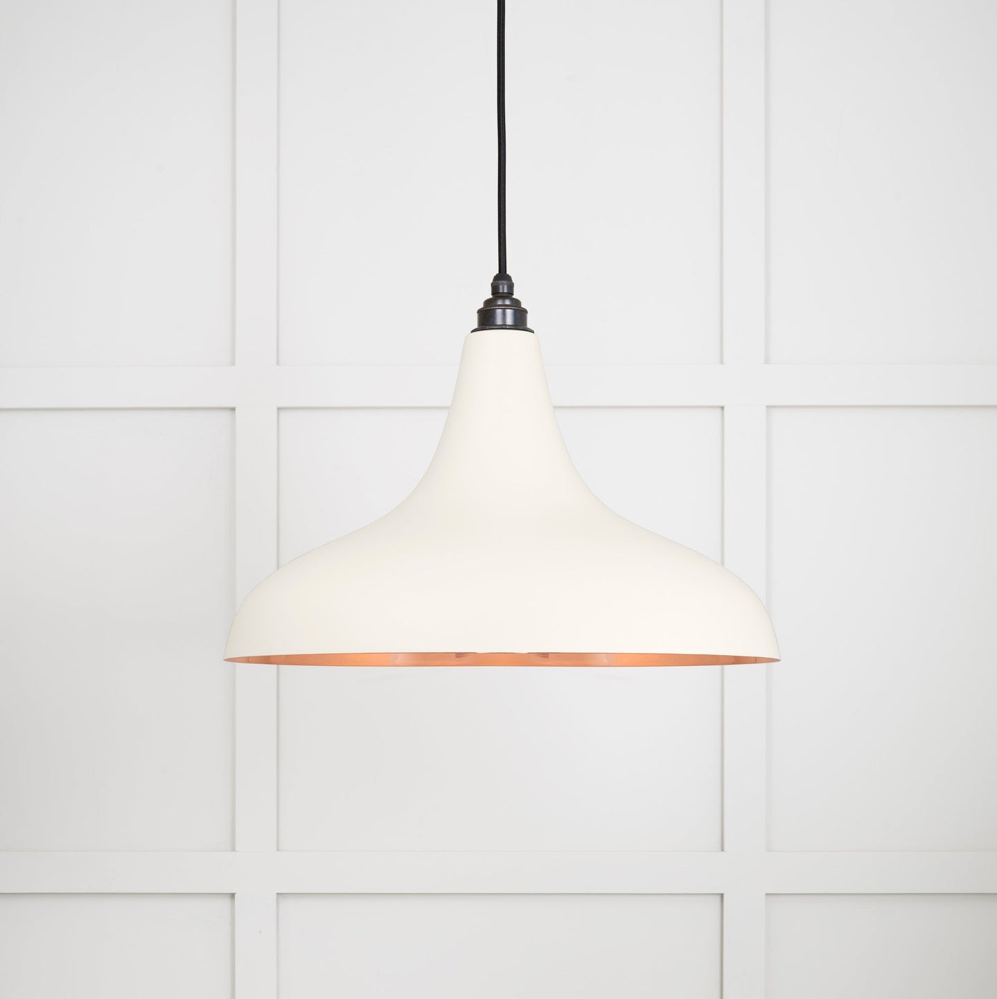Smooth Copper Frankley Pendant Light Teasel, Front Side with light on.