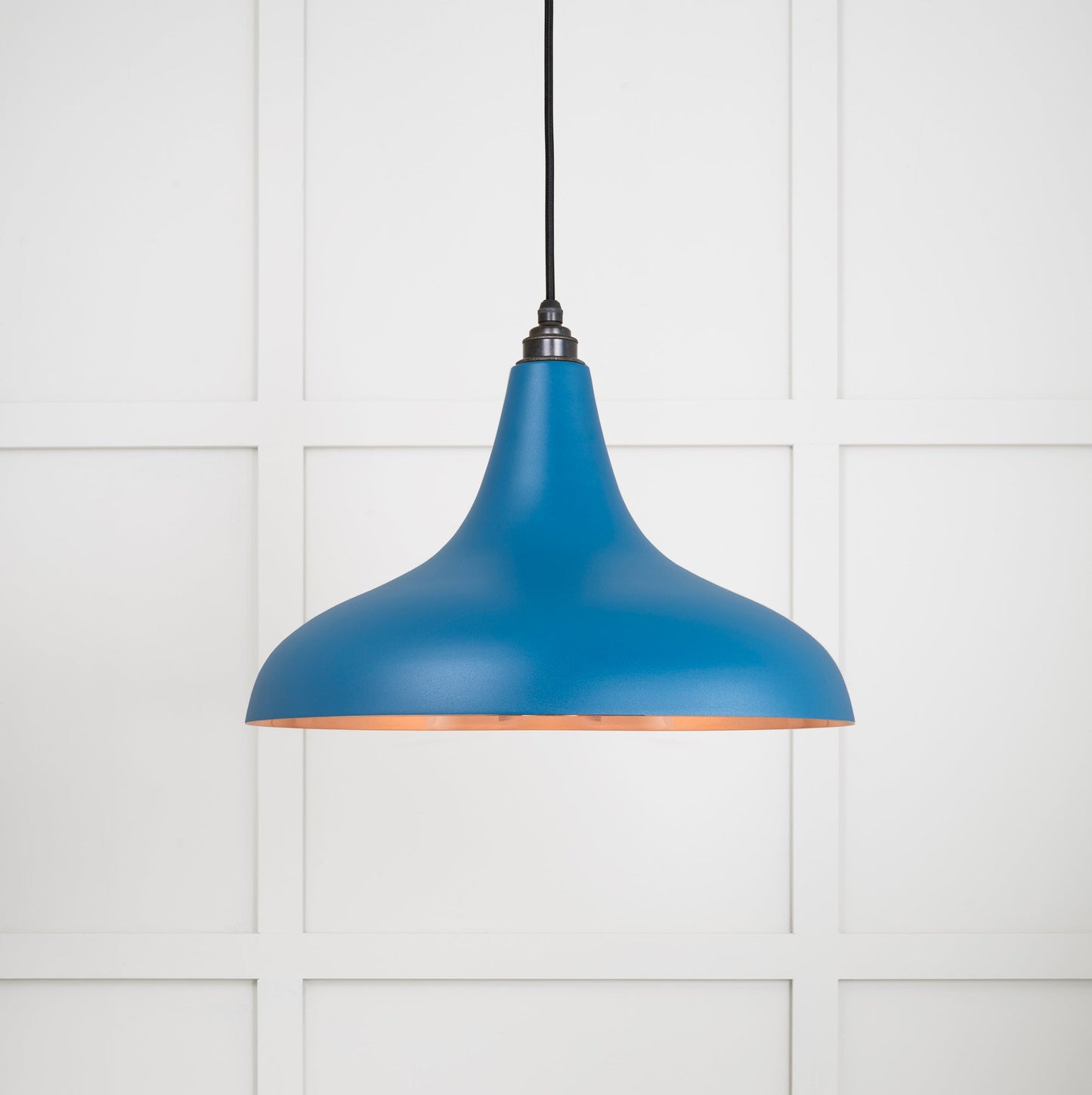 Smooth Copper Frankley Pendant Light Upstream, Front Side with light on.