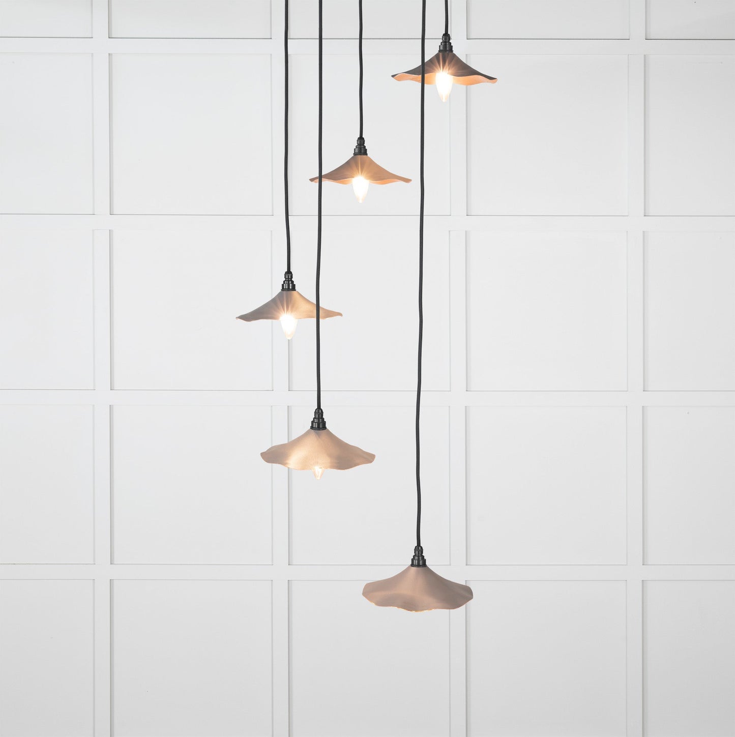 Smooth Copper Flora Cluster Pendant Light Bluff, Front Side with light on.