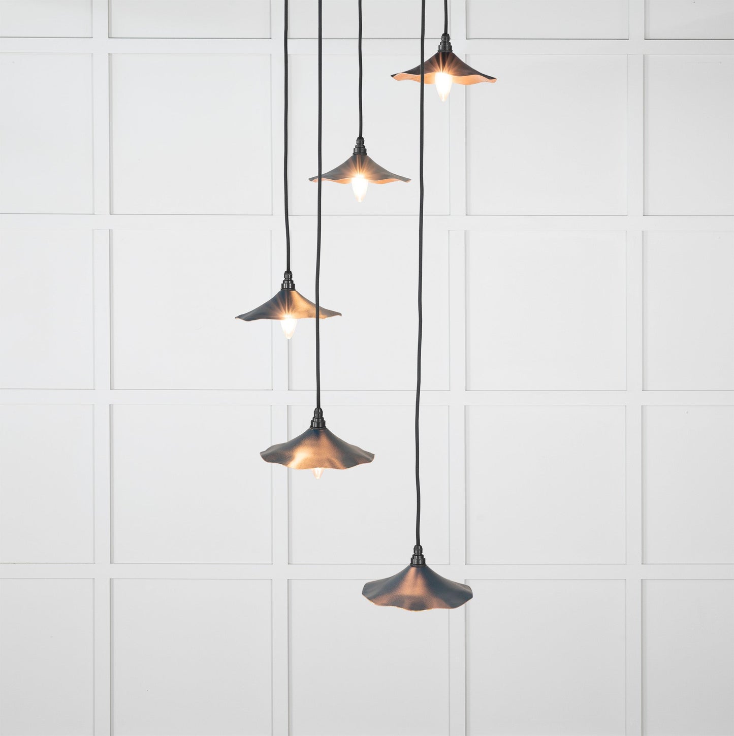 Smooth Copper Flora Cluster Pendant Light Dusk, Front Side with light on.