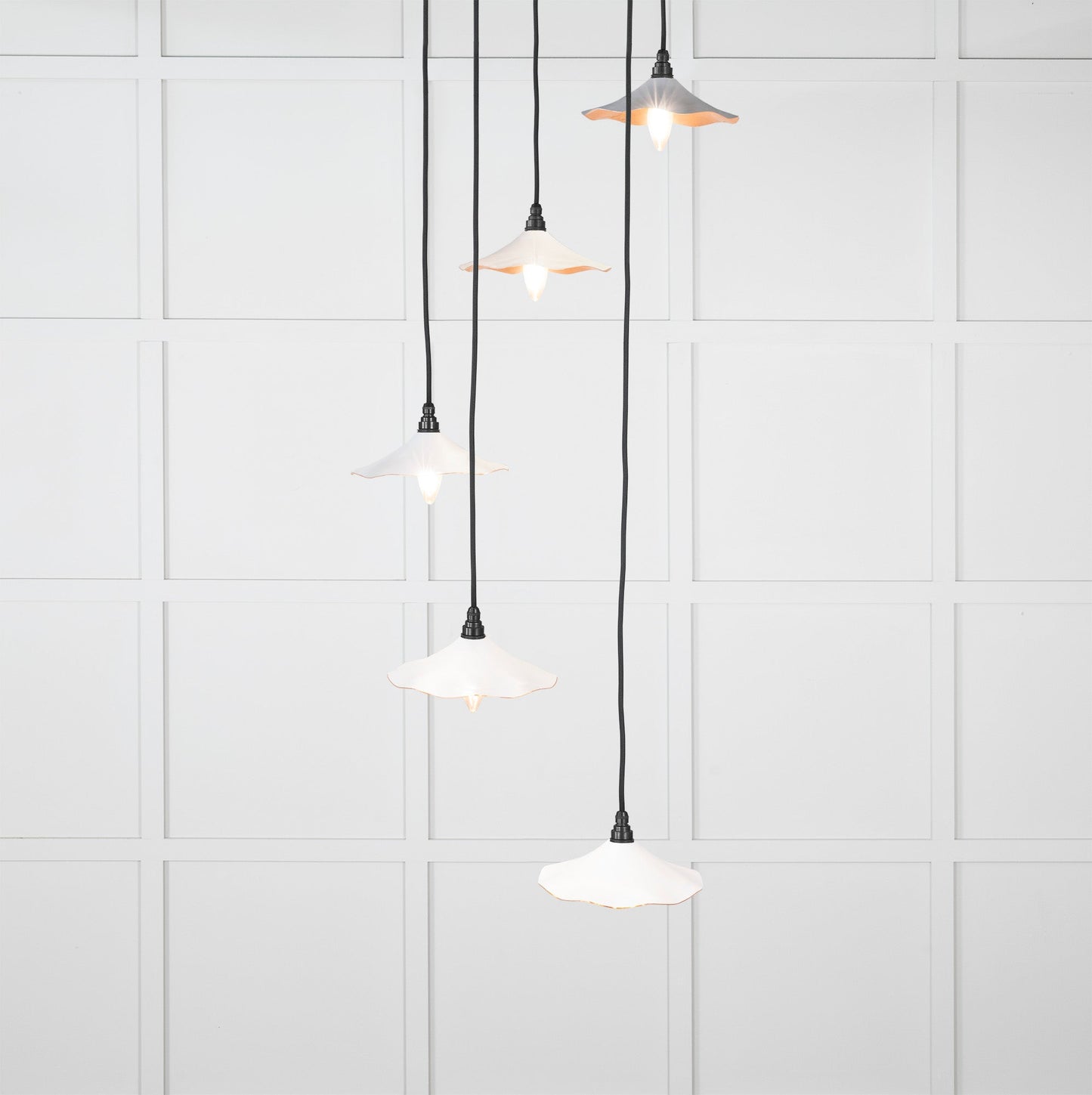 Smooth Copper Flora Cluster Pendant Light Flock, Front Side with light on.