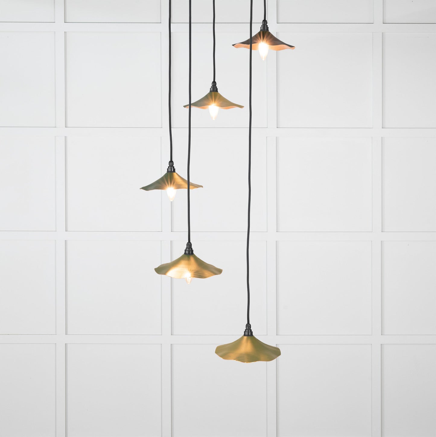 Smooth Copper Flora Cluster Pendant Light Heath, Front Side with light on.
