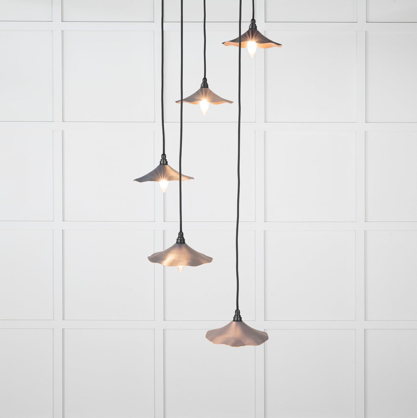 Smooth Copper Flora Cluster Pendant Light Slate, Front Side with light on.