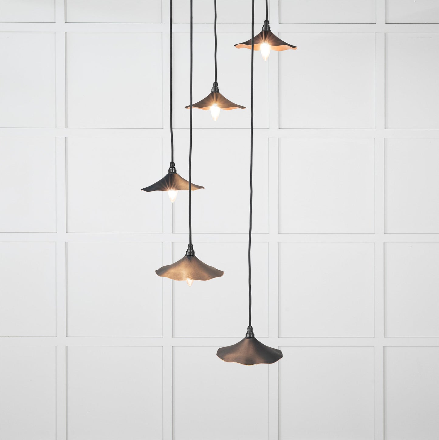 Smooth Copper Flora Cluster Pendant Light Soot, Front Side with light on.