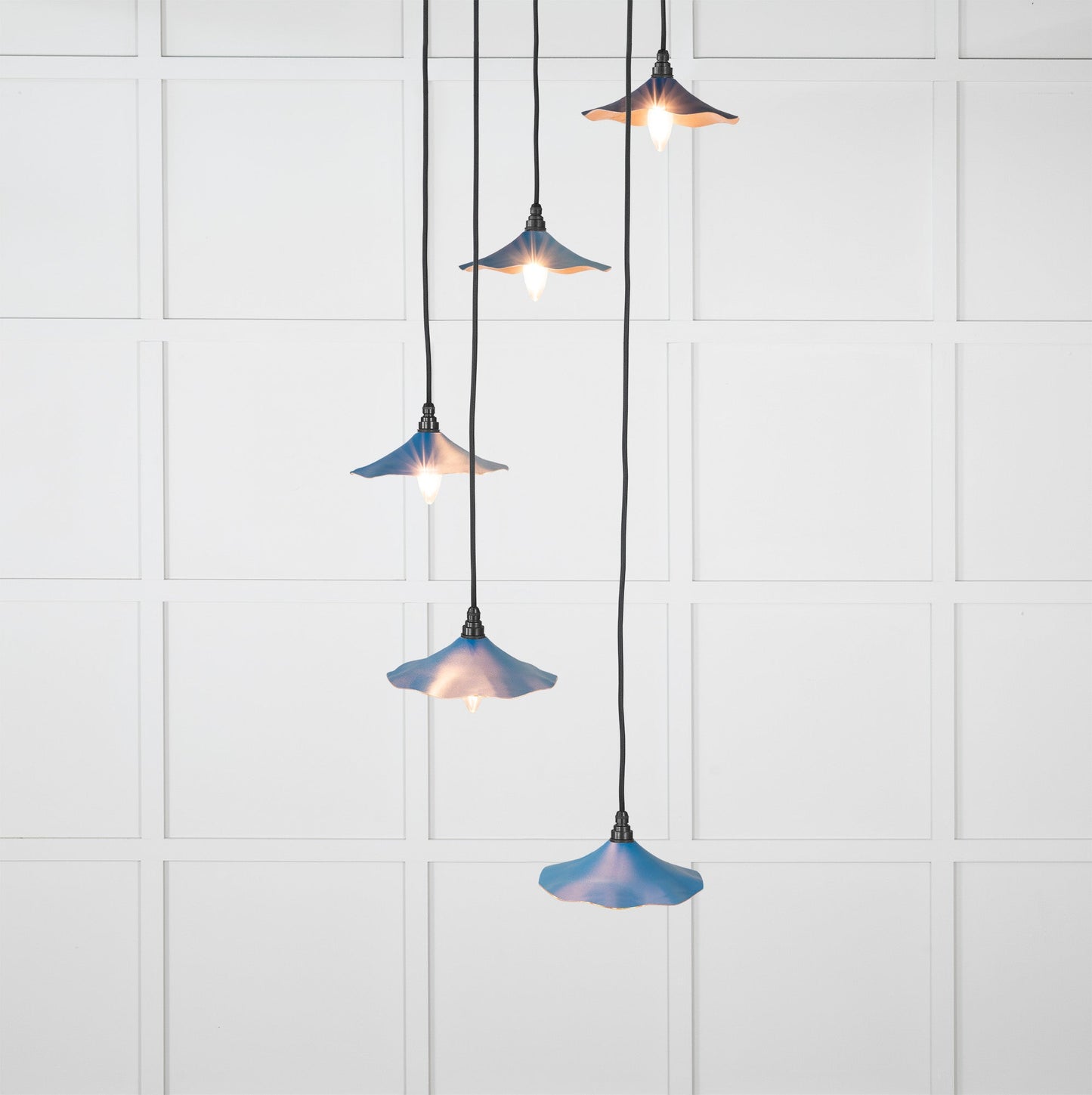 Smooth Copper Flora Cluster Pendant Light Upstream, Front Side with light on.