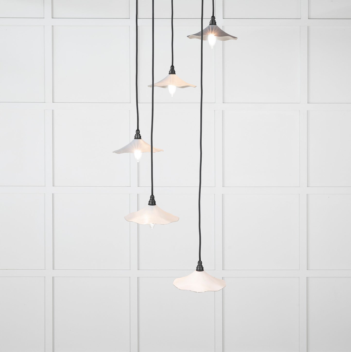 Smooth Nickel Flora Cluster Pendant Light Birch, Front Side with light on.
