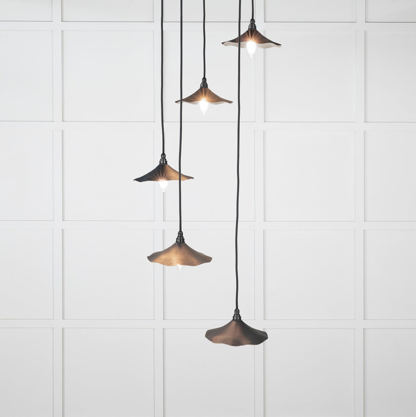 Smooth Nickel Flora Cluster Pendant Light Soot, Front Side with light on.