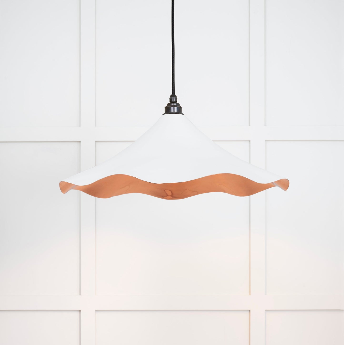 Smooth Copper Flora Pendant Light Flock, Front Side with light on.