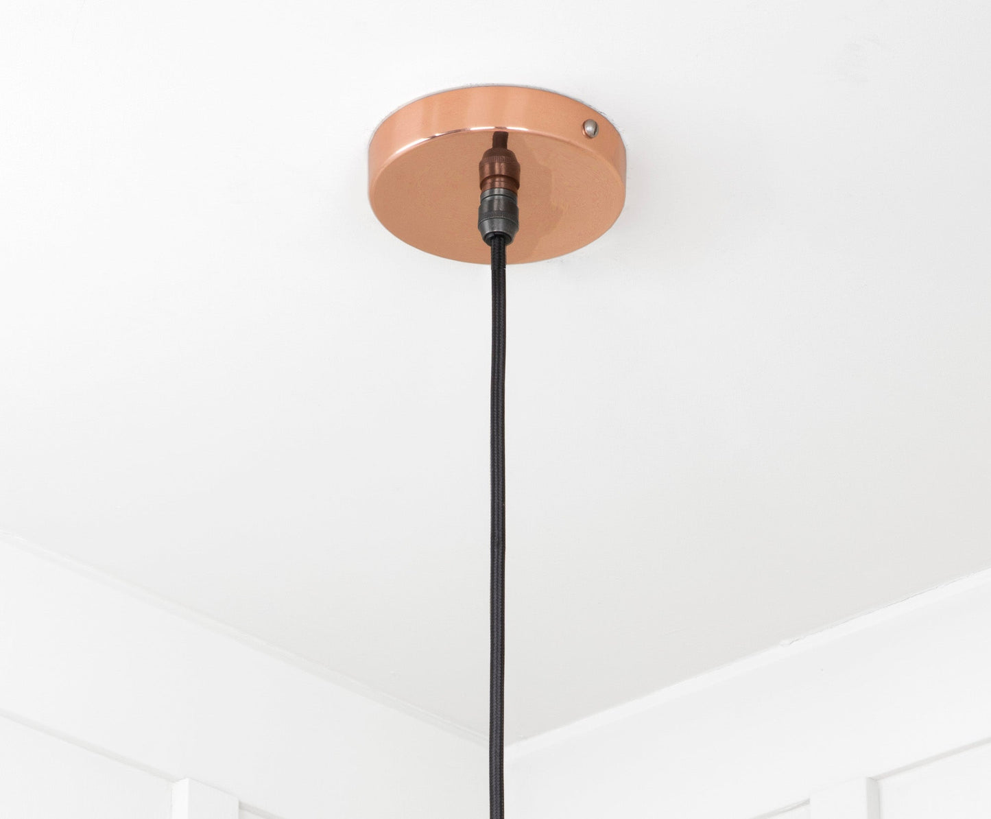 Smooth Copper Flora Pendant Light , close up view of fitting and cable.
