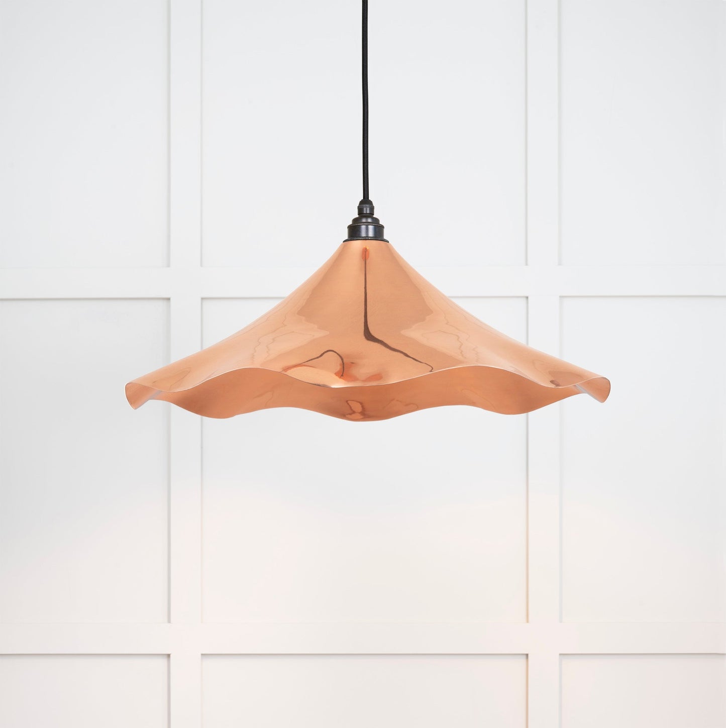 Smooth Copper Flora Pendant Light , Front Side with light on.