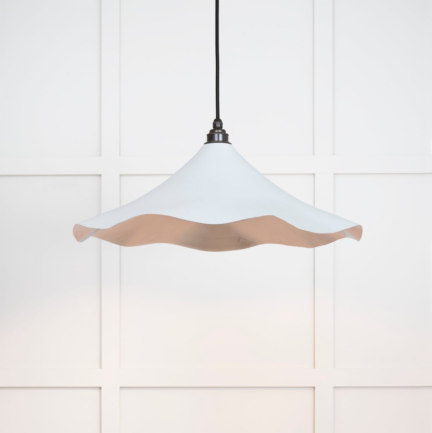 Smooth Nickel Flora Pendant Light Birch, Front Side with light on.