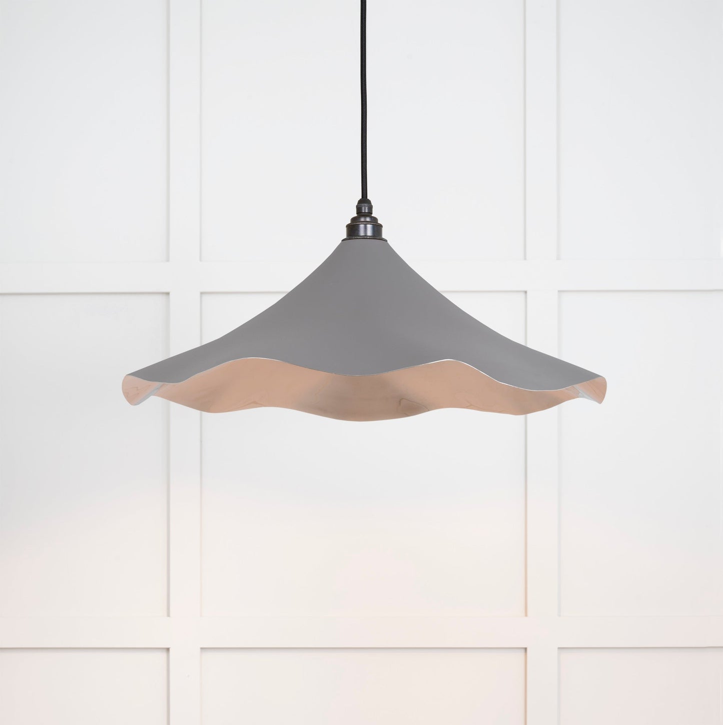 Smooth Nickel Flora Pendant Light Bluff, Front Side with light on.