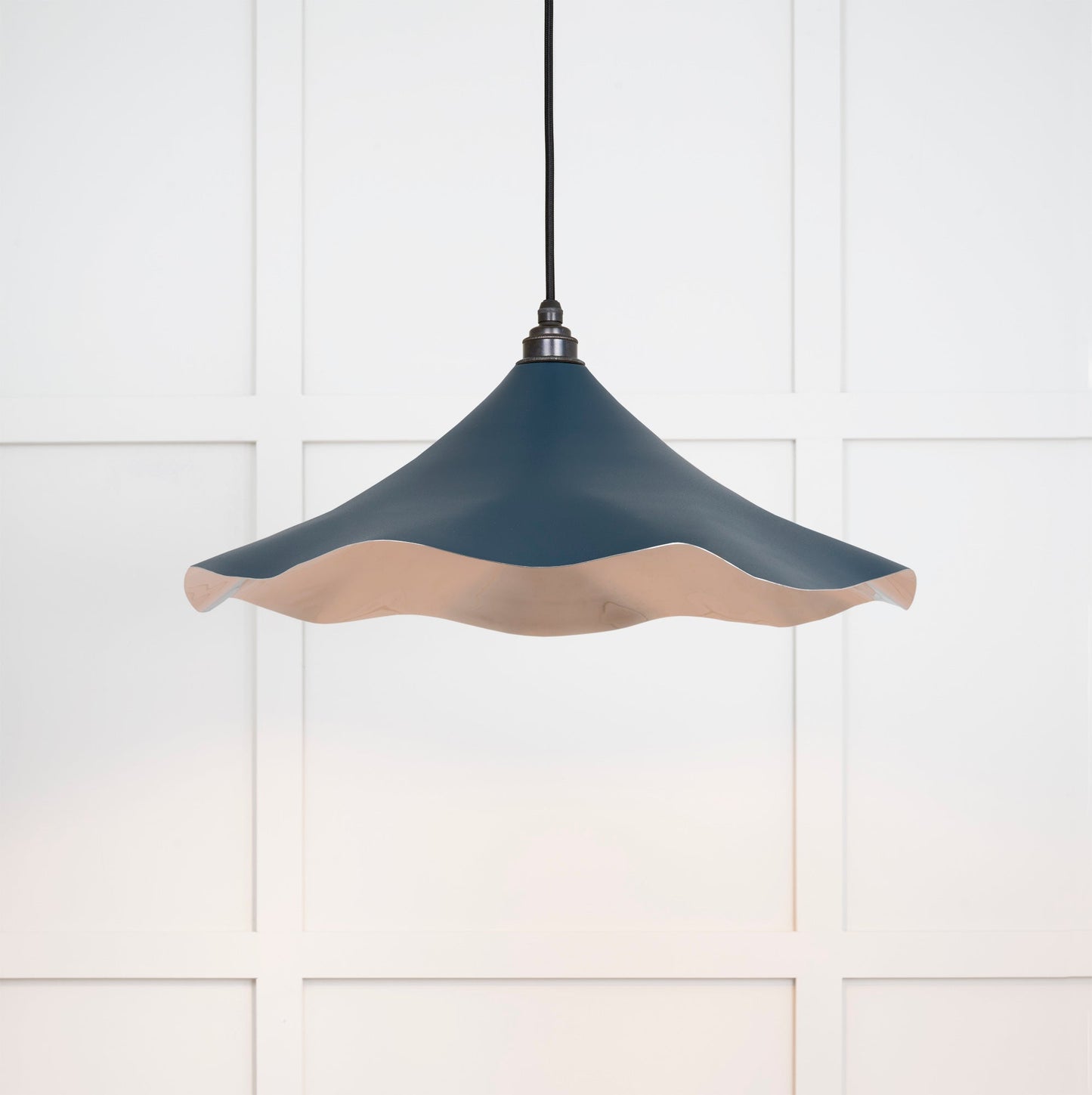 Smooth Nickel Flora Pendant Light Dusk, Front Side with light on.