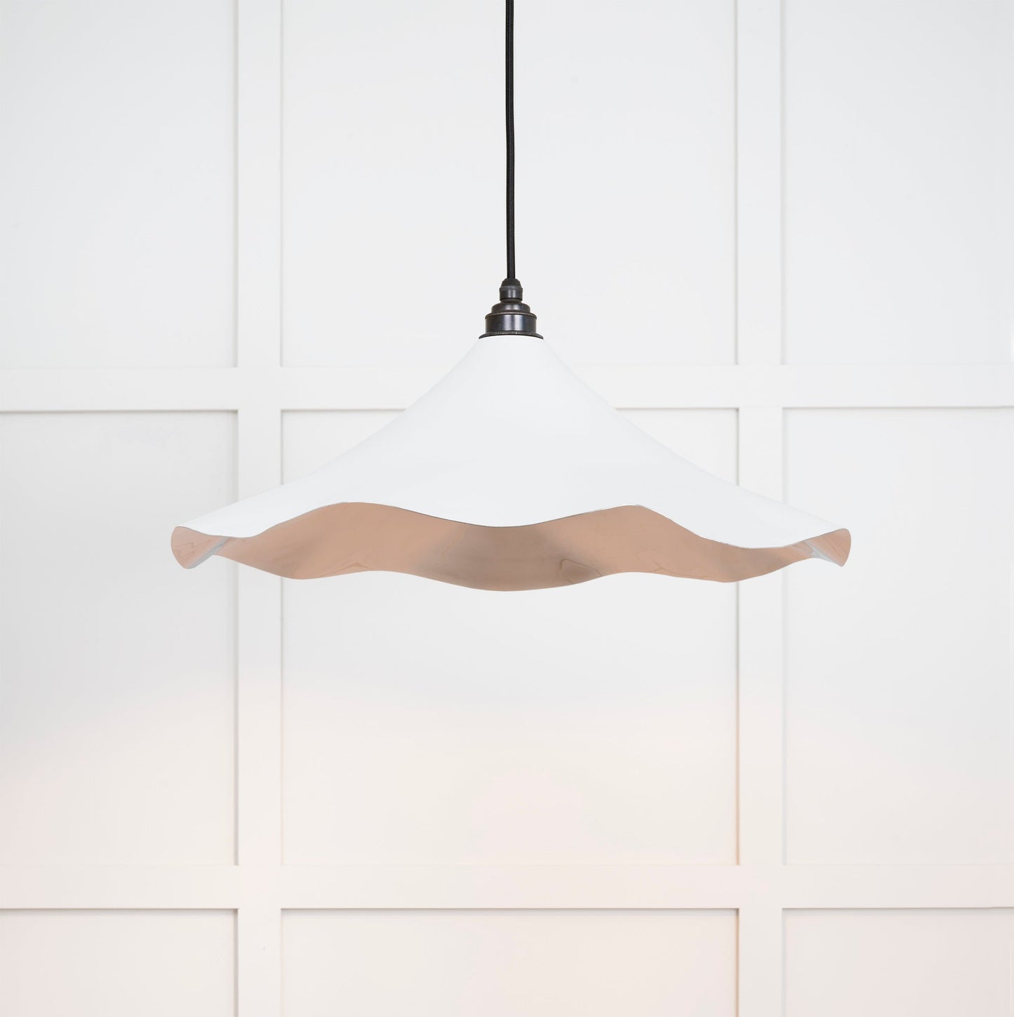 Smooth Nickel Flora Pendant Light Flock, Front Side with light on.