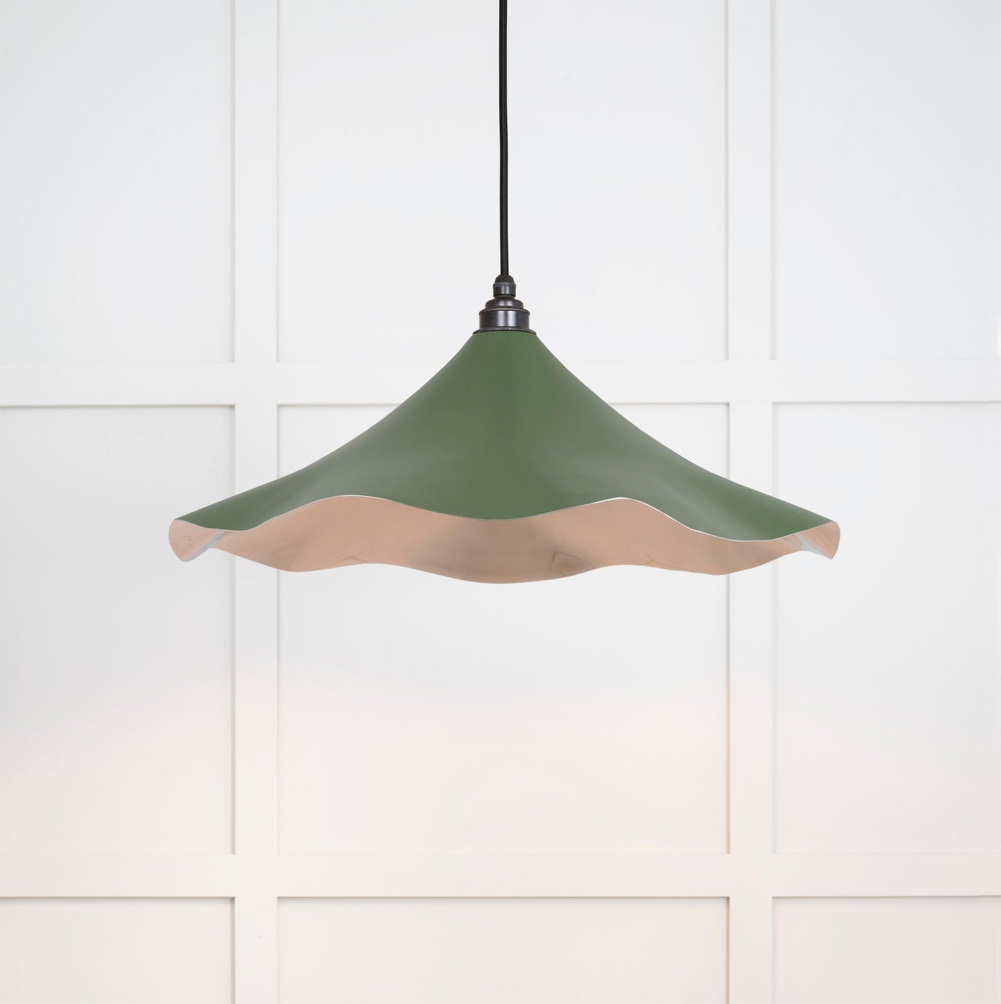 Smooth Nickel Flora Pendant Light Heath, Front Side with light on.