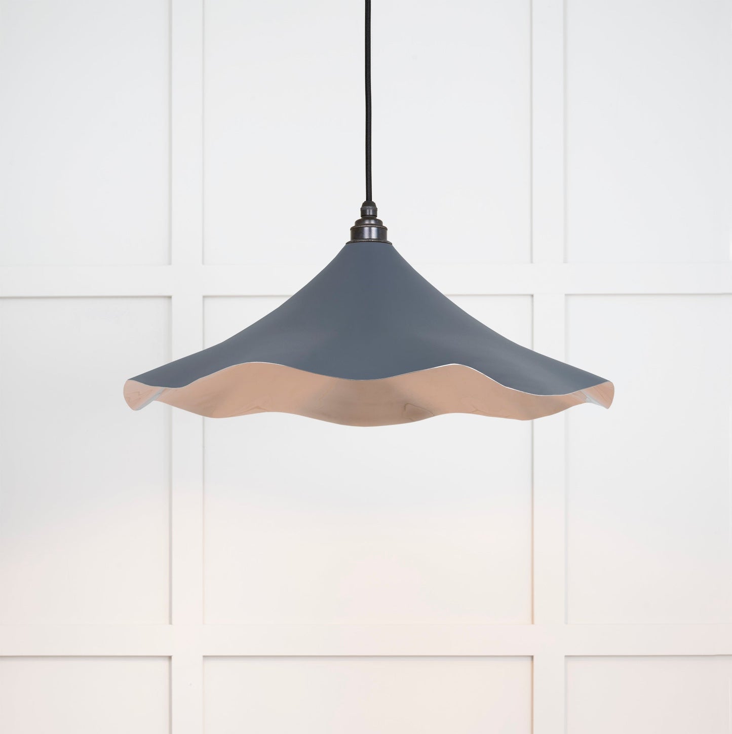 Smooth Nickel Flora Pendant Light Slate, Front Side with light on.