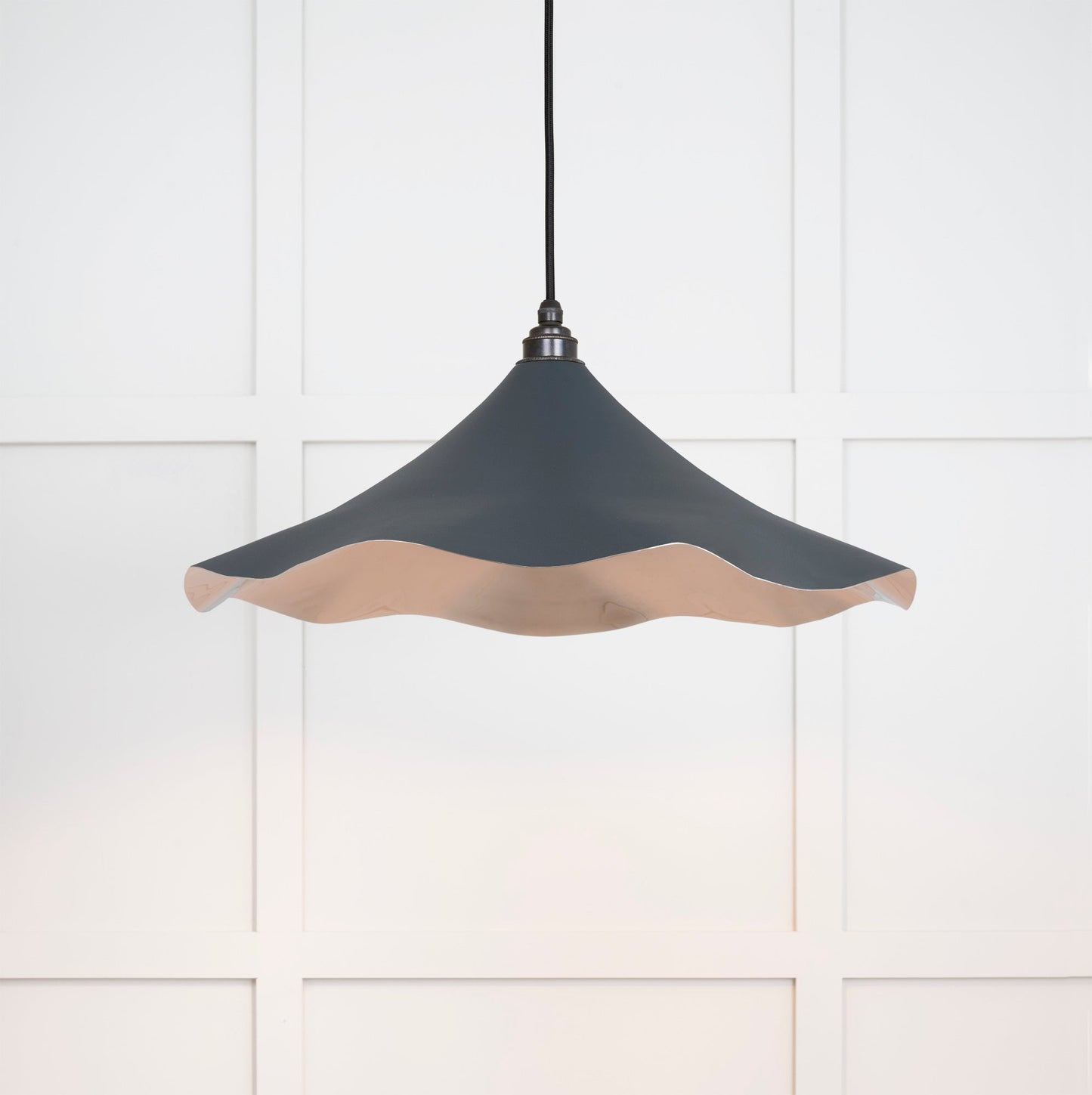 Smooth Nickel Flora Pendant Light Soot, Front Side with light on.