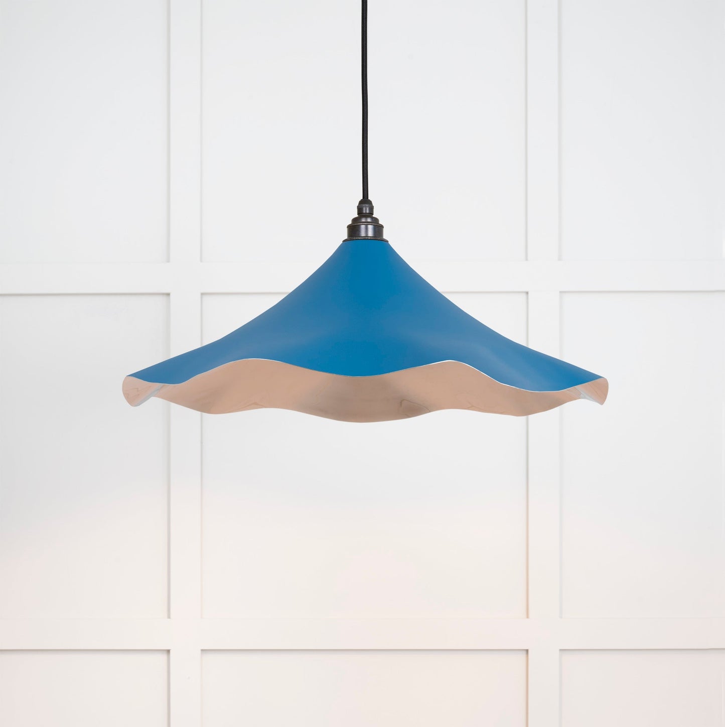 Smooth Nickel Flora Pendant Light Upstream, Front Side with light on.