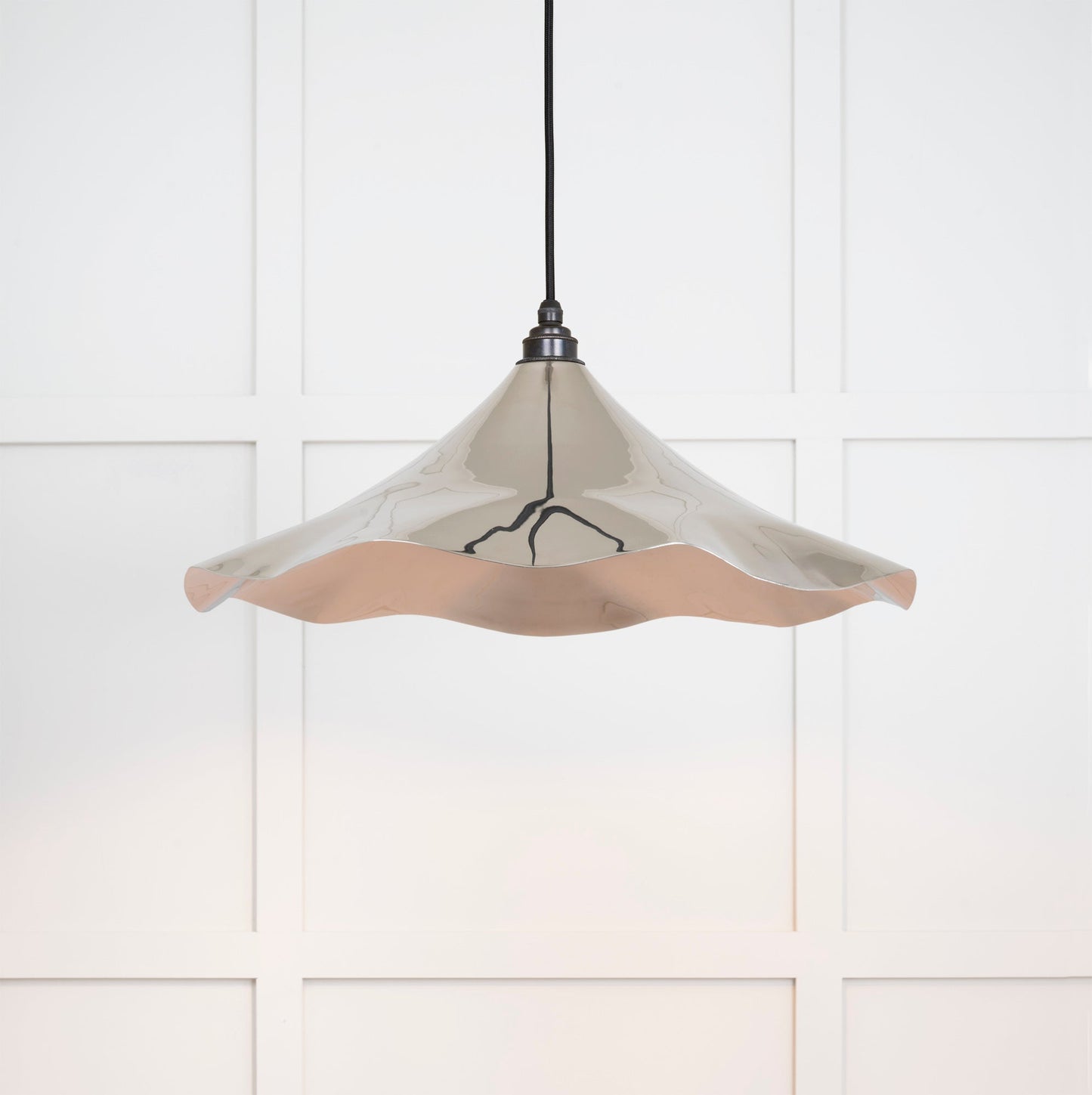 Smooth Nickel Flora Pendant Light , Front Side with light on.