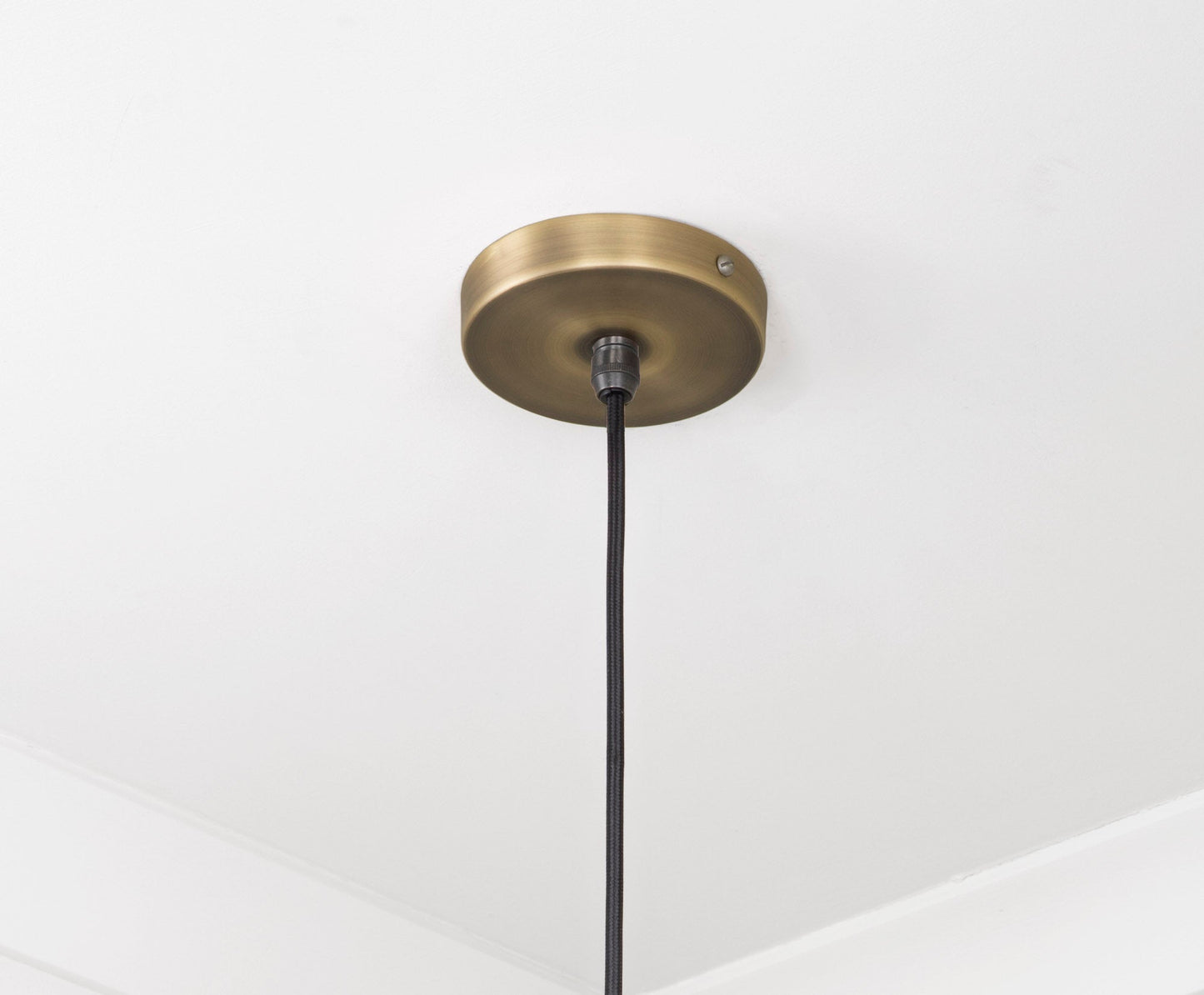 Aged Brass Frankley Pendant Light , close up view of fitting and cable.