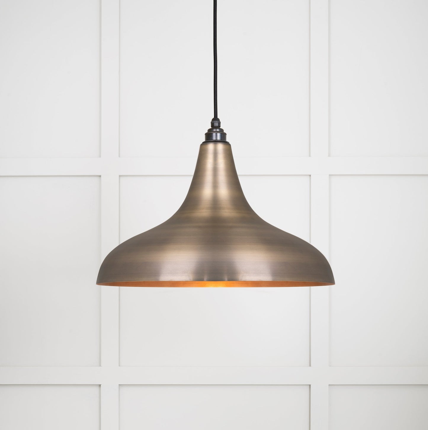Aged Brass Frankley Pendant Light , Front Side with light on.