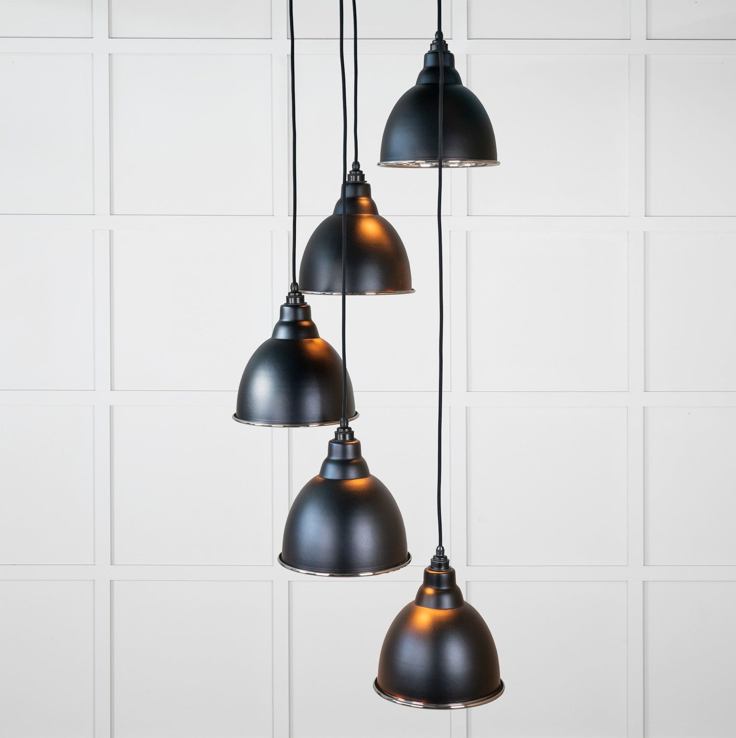Smooth Nickel Brindley Cluster Pendant Light Elan Black, Front Side with light on.