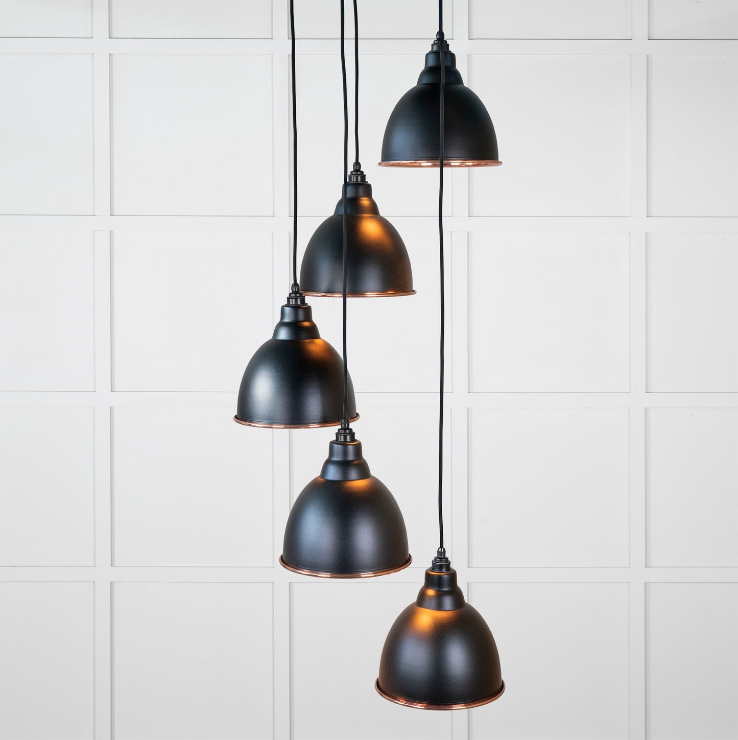 Hammered Copper Brindley Cluster Pendant Light Elan Black, Front Side with light on.