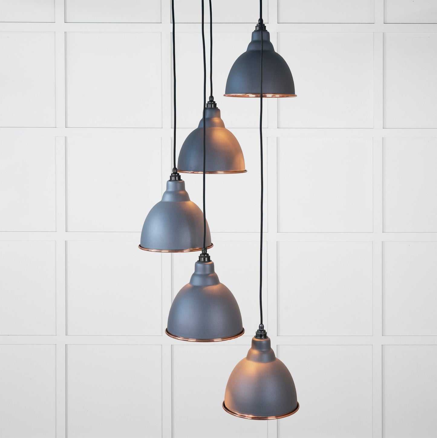 Hammered Copper Brindley Cluster Pendant Light Slate, Front Side with light on.