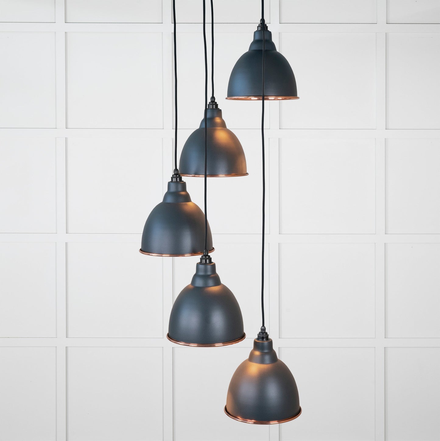 Hammered Copper Brindley Cluster Pendant Light Soot, Front Side with light on.